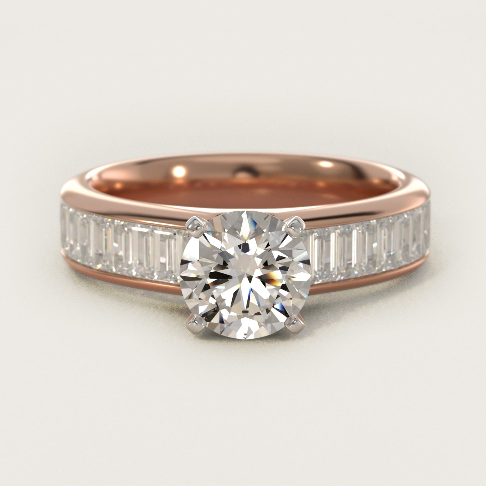 Channel Set Baguette Diamond Engagement Ring in 14k Rose Gold (1 ct. tw.) - Round Center