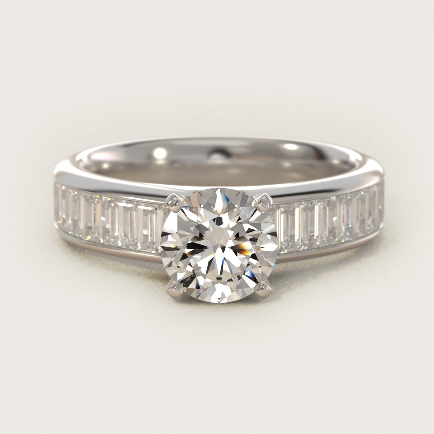 Channel Set Baguette Diamond Engagement Ring in 18k White Gold (1 ct. tw.) - Round Center