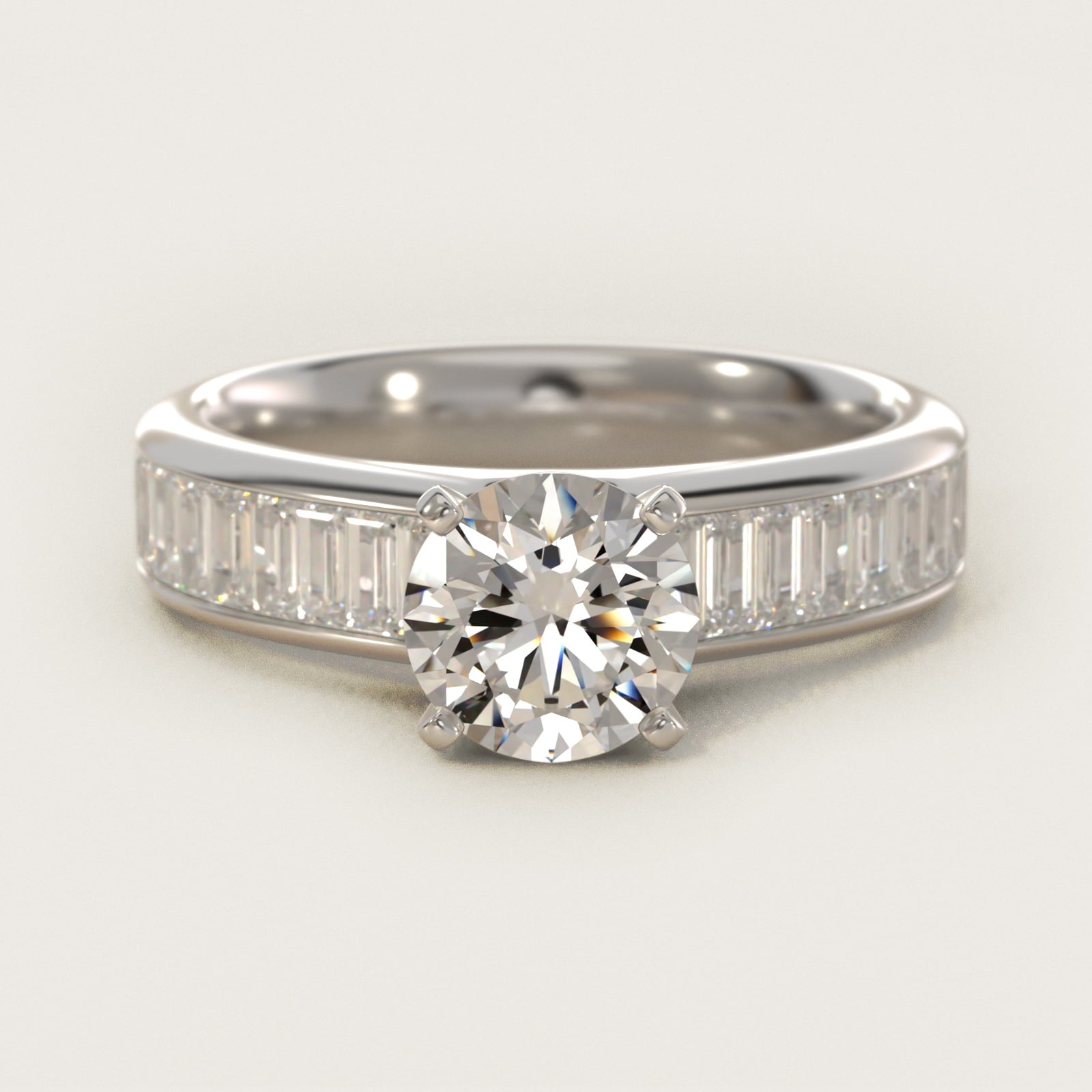 Channel Set Baguette Diamond Engagement Ring in 18k White Gold (1 ct. tw.) - Round Center