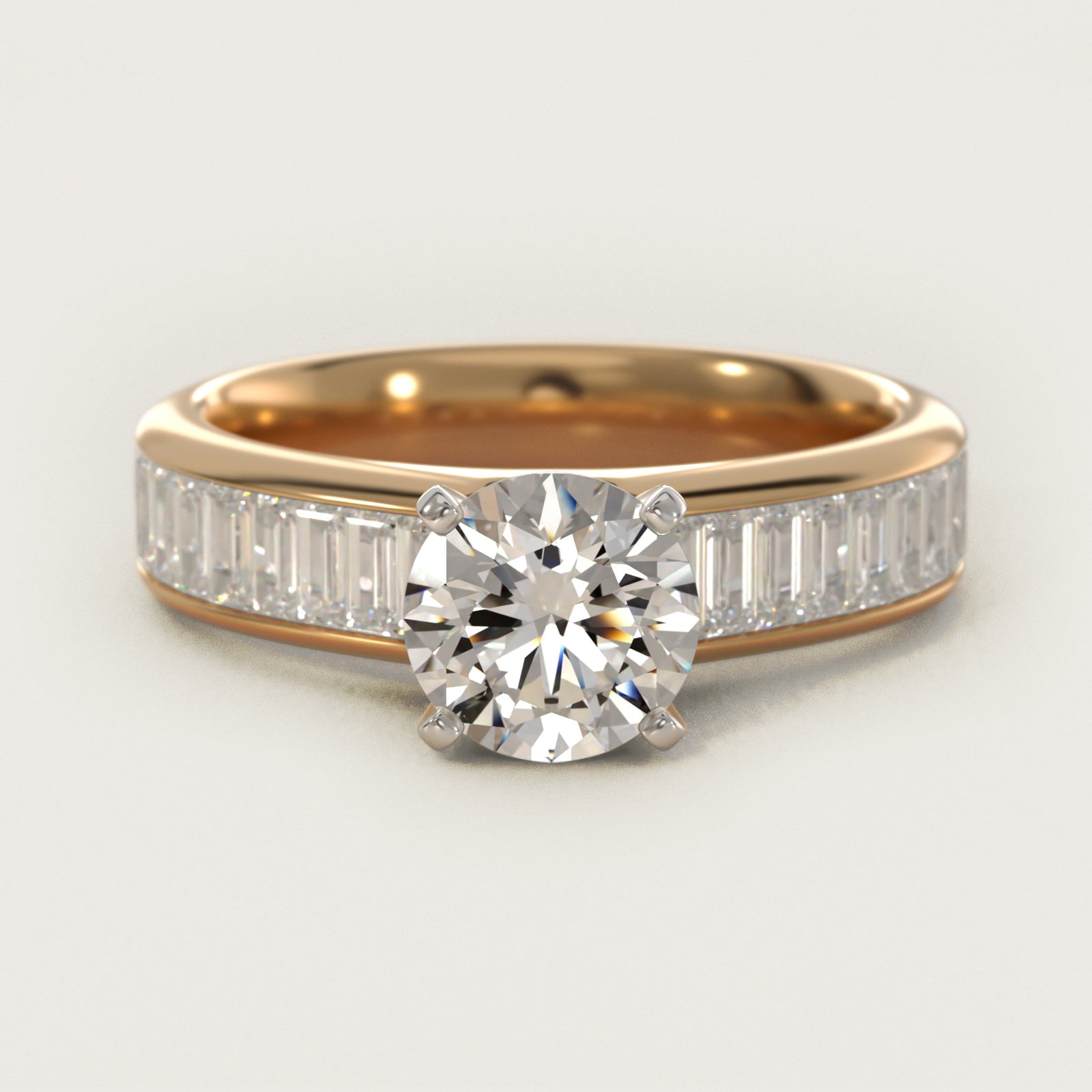 Channel Set Baguette Diamond Engagement Ring in 18k Yellow Gold (1 ct. tw.) - Round Center