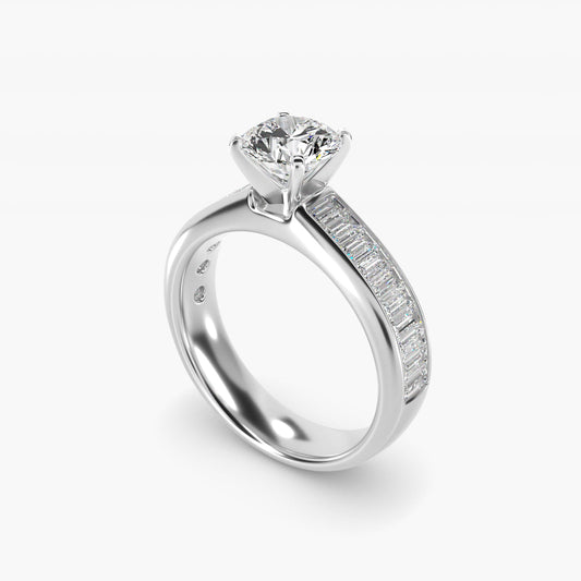 Channel Set Baguette Diamond Engagement Ring in Platinum (1 ct. tw.) - Round Center