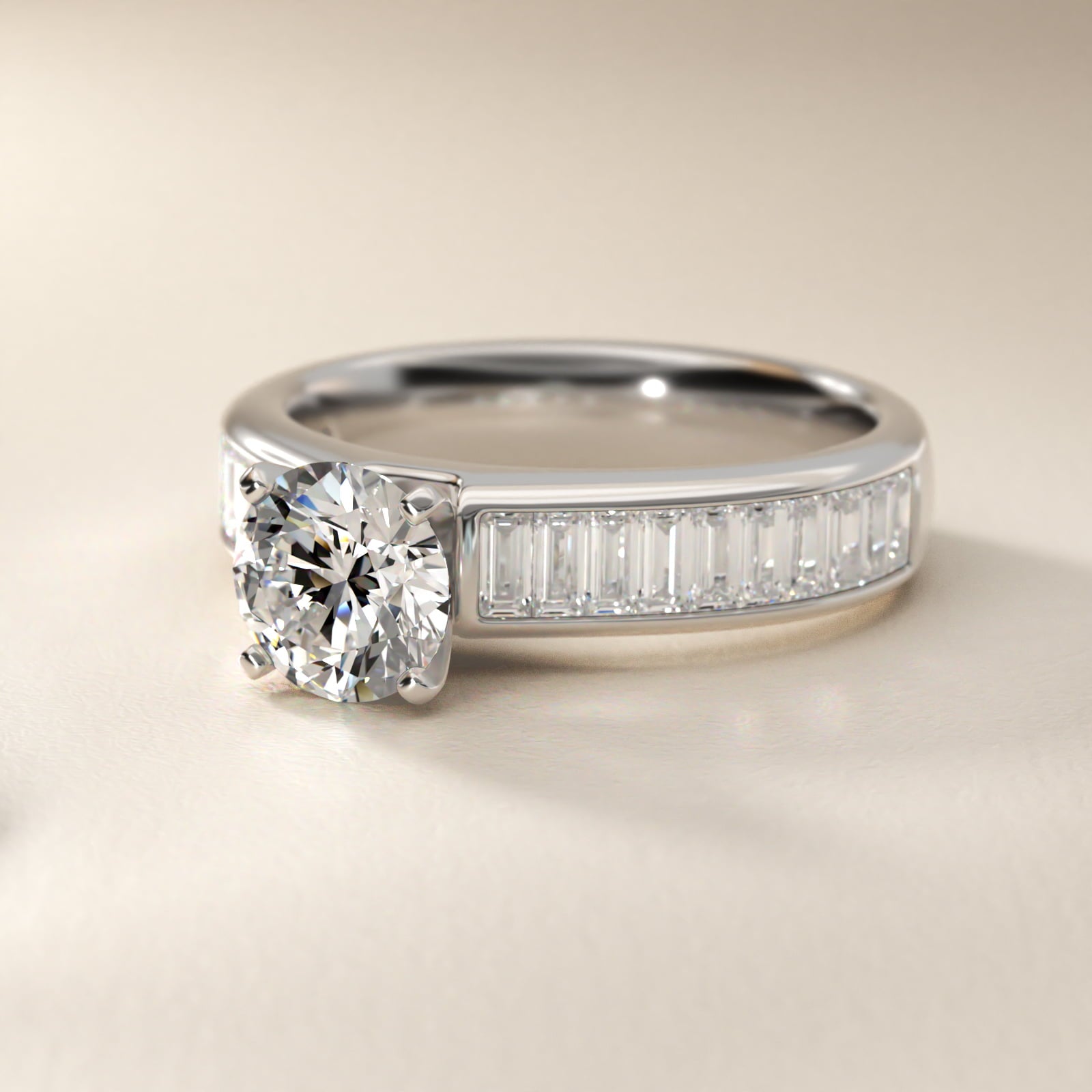 Channel Set Baguette Diamond Engagement Ring in Platinum (1 ct. tw.) - Round Center