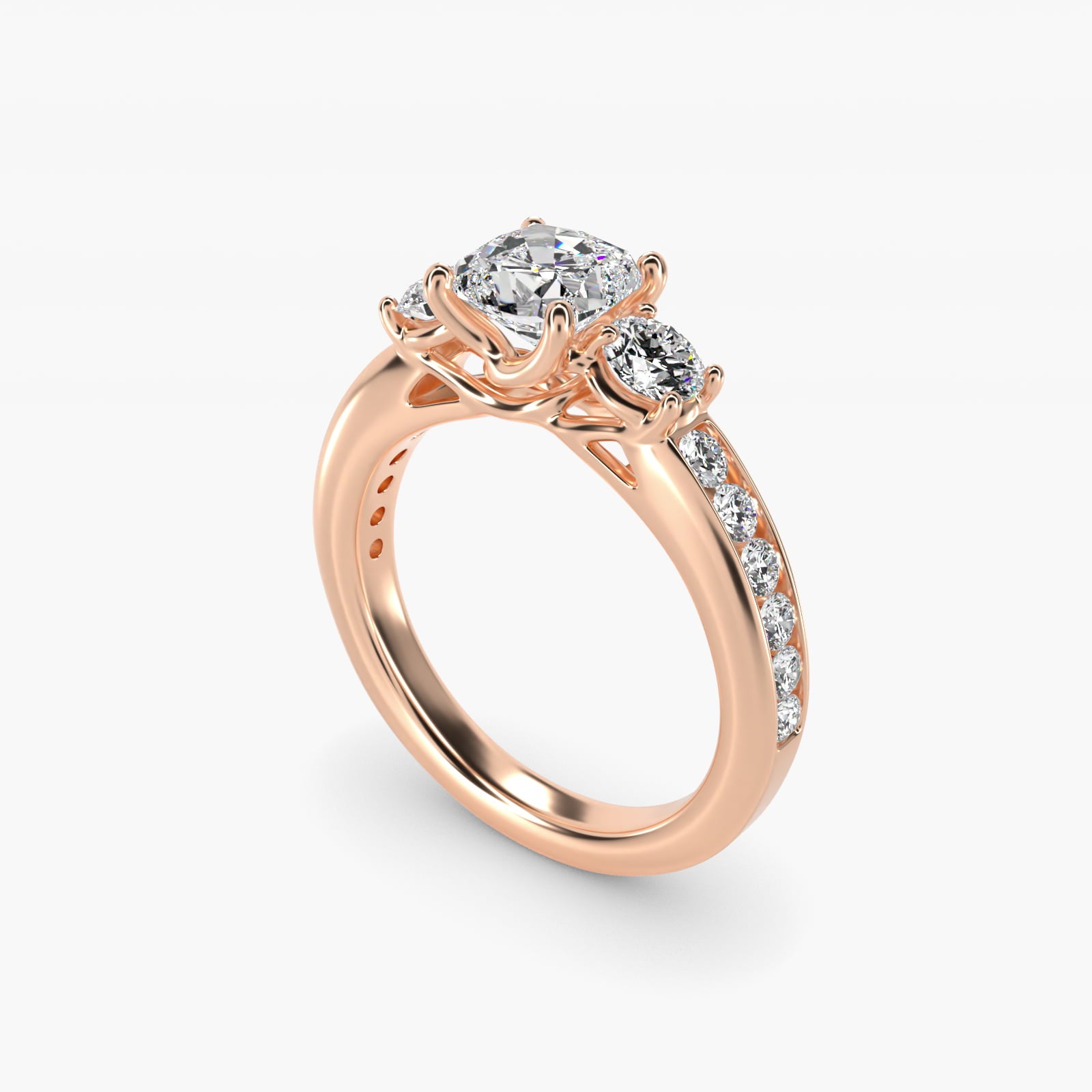 Channel Set Diamond Three Stone Engagement Ring In 14K Rose Gold By James Allen - Cushion Center