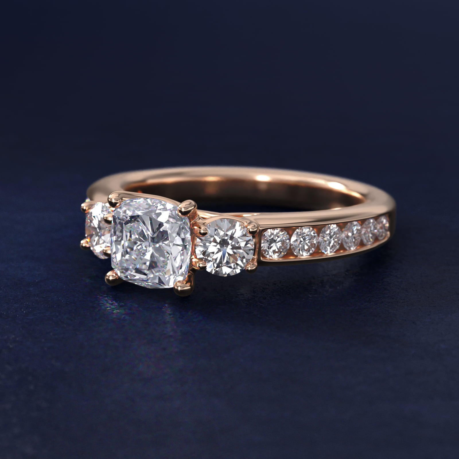 Channel Set Diamond Three Stone Engagement Ring In 18k Rose Gold By James Allen - Cushion Center
