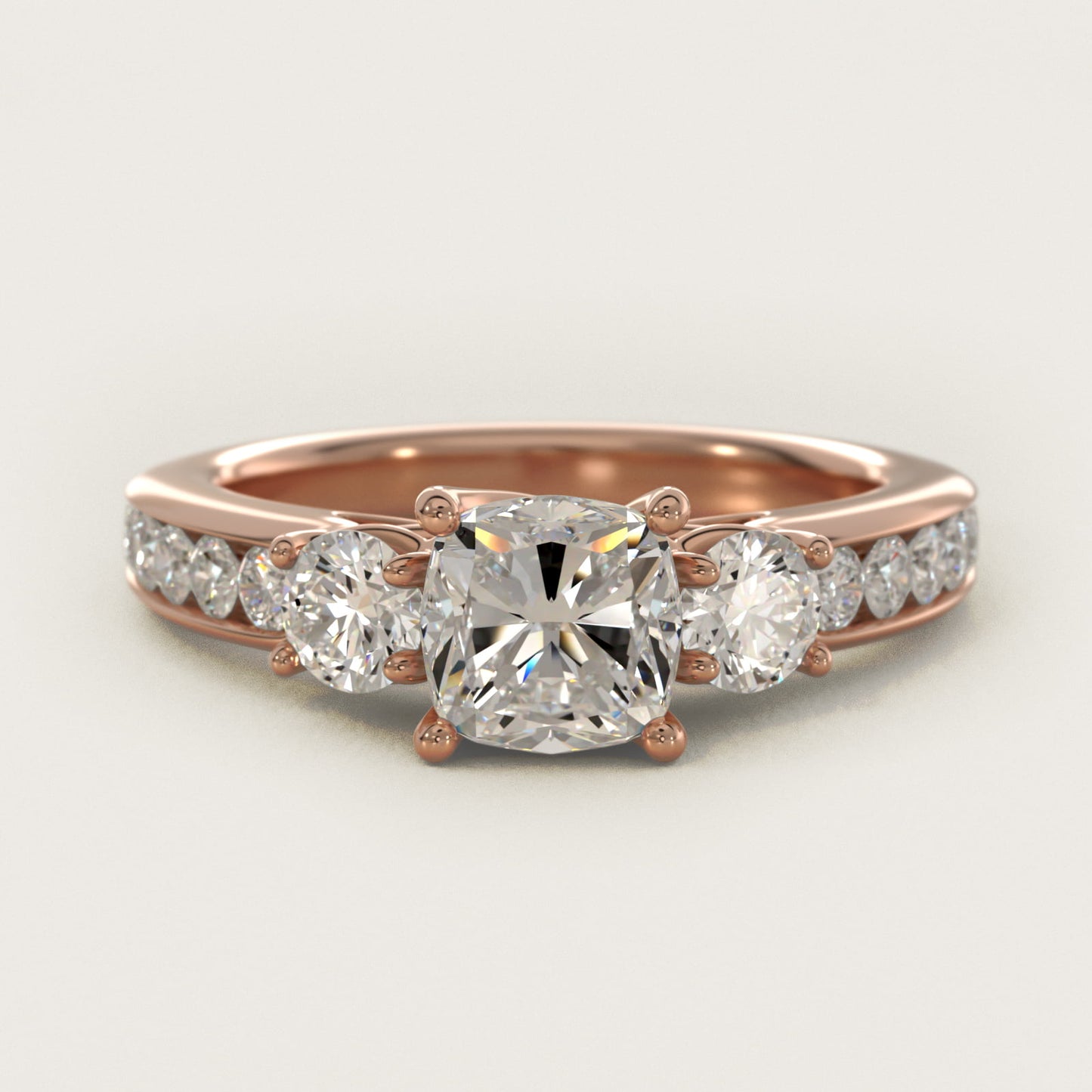 Channel Set Diamond Three Stone Engagement Ring In 14K Rose Gold By James Allen - Cushion Center