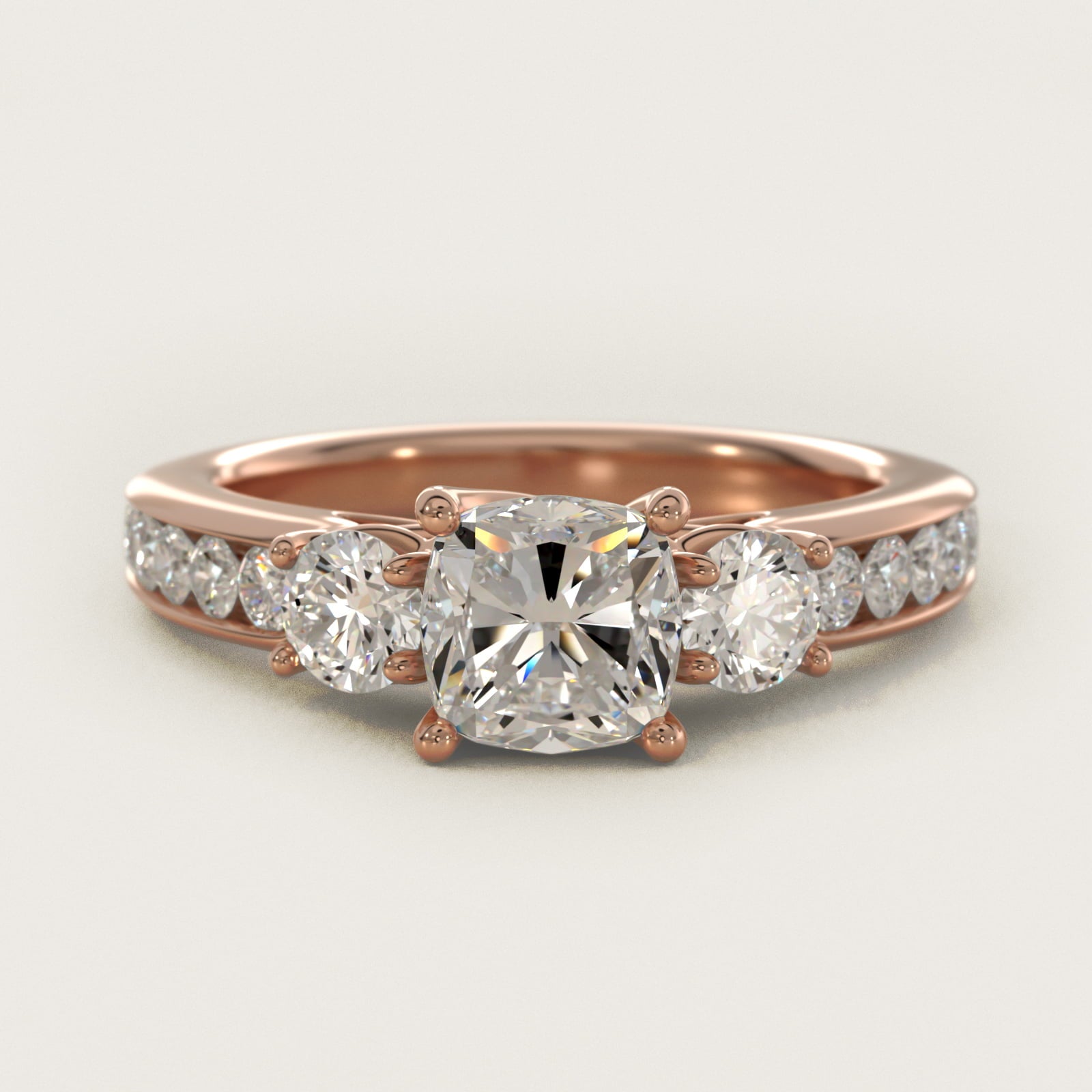 Channel Set Diamond Three Stone Engagement Ring In 18k Rose Gold By James Allen - Cushion Center