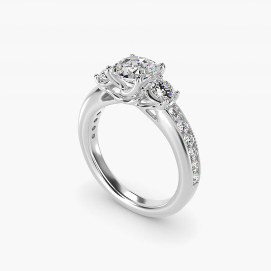 Channel Set Diamond Three Stone Engagement Ring In 14K White Gold By James Allen - Cushion Center