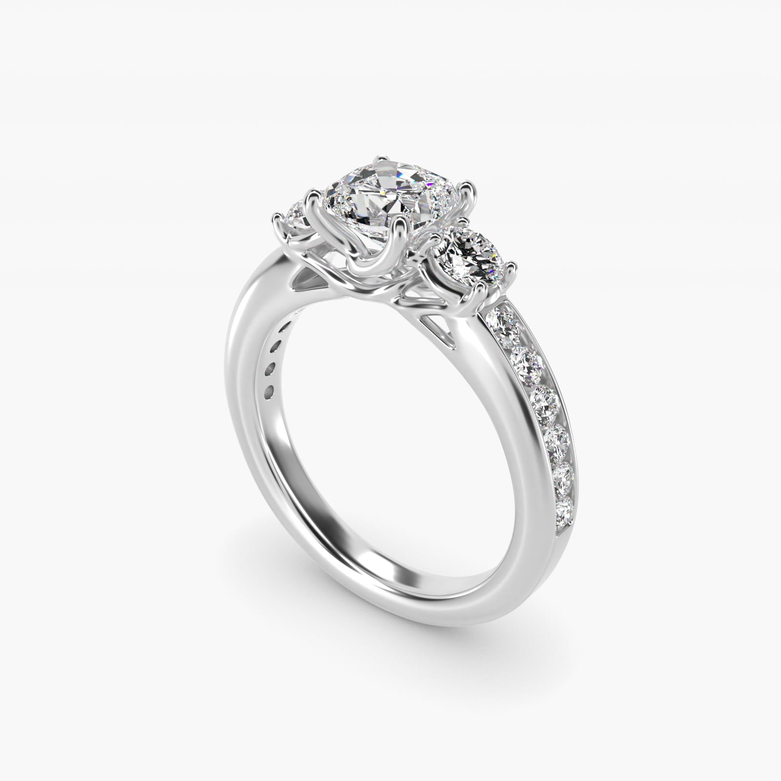 Channel Set Diamond Three Stone Engagement Ring In 18k White Gold By James Allen - Cushion Center