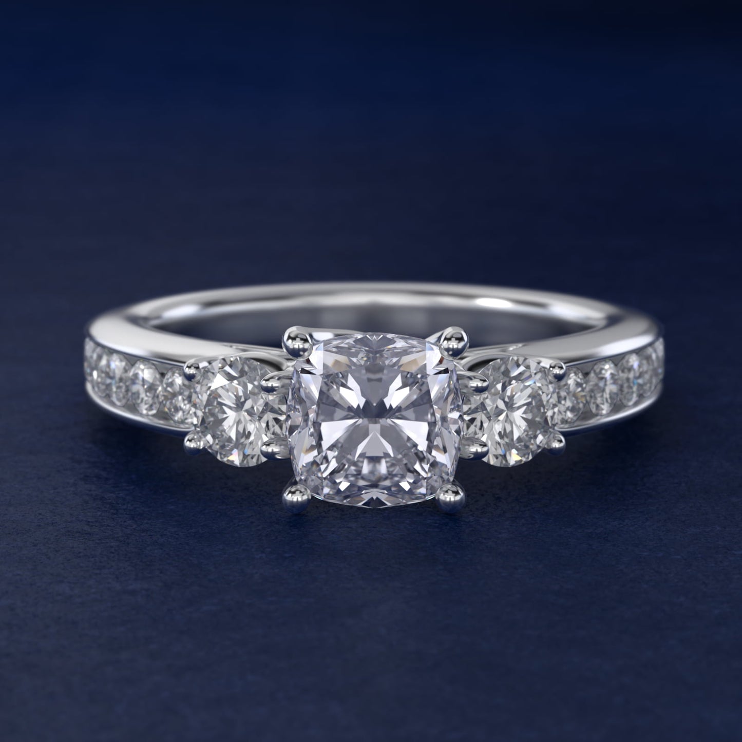 Channel Set Diamond Three Stone Engagement Ring In 14K White Gold By James Allen - Cushion Center