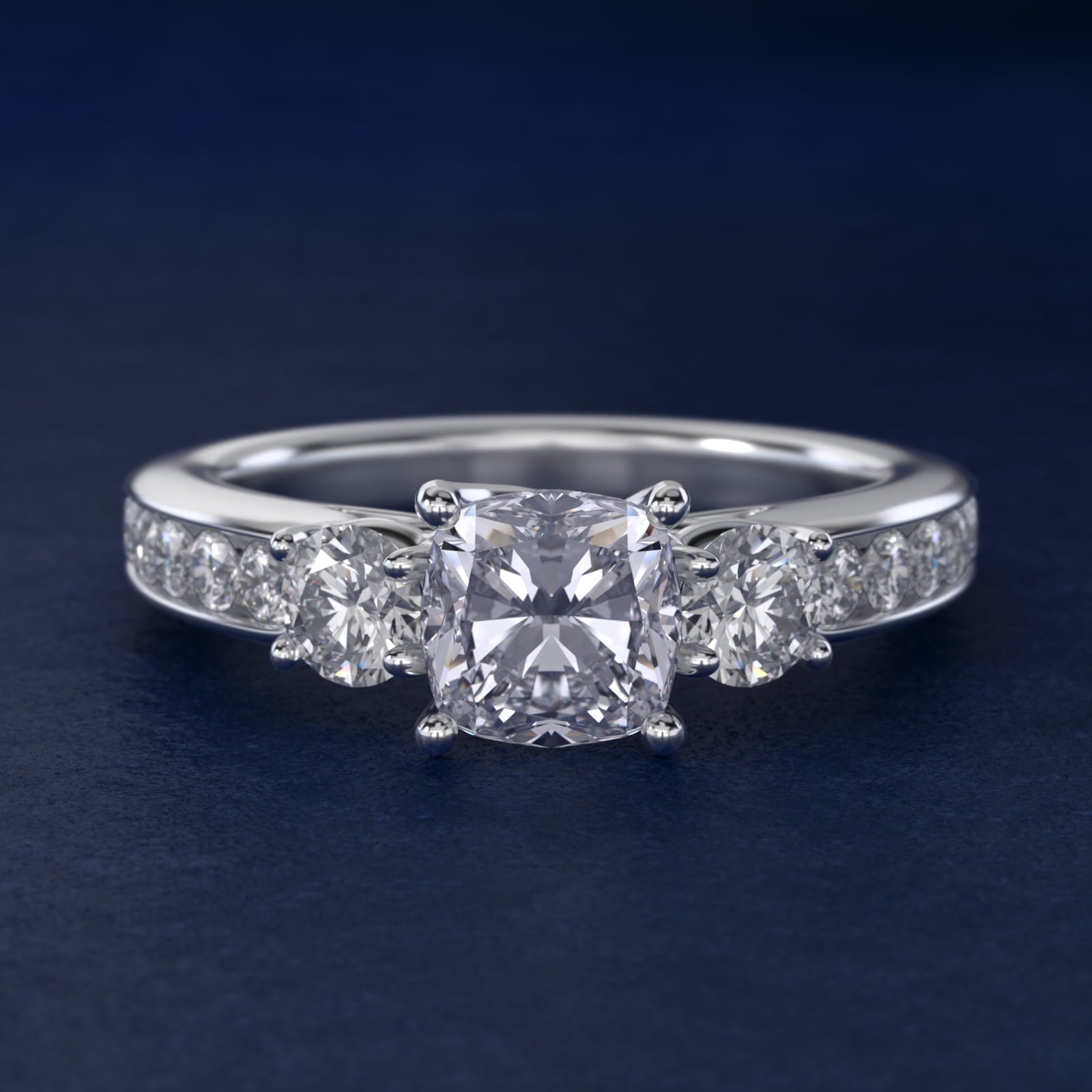 Channel Set Diamond Three Stone Engagement Ring In 14K White Gold By James Allen - Cushion Center