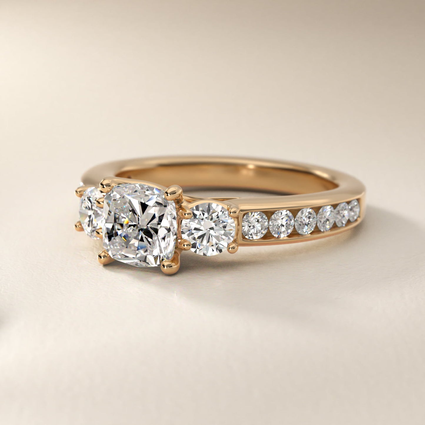 Channel Set Diamond Three Stone Engagement Ring In 18k Yellow Gold By James Allen - Cushion Center