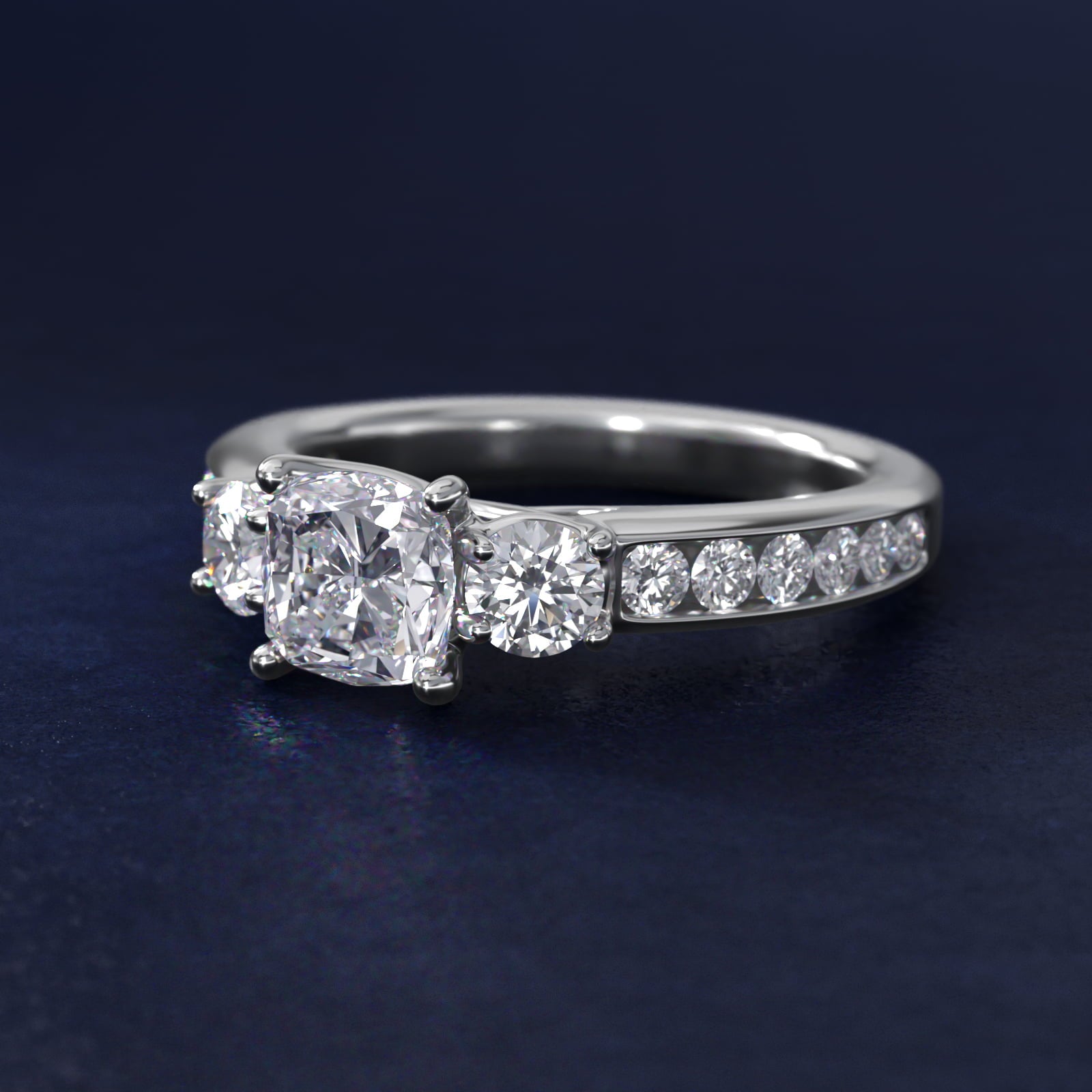 Channel Set Diamond Three Stone Engagement Ring In Platinum By James Allen - Cushion Center