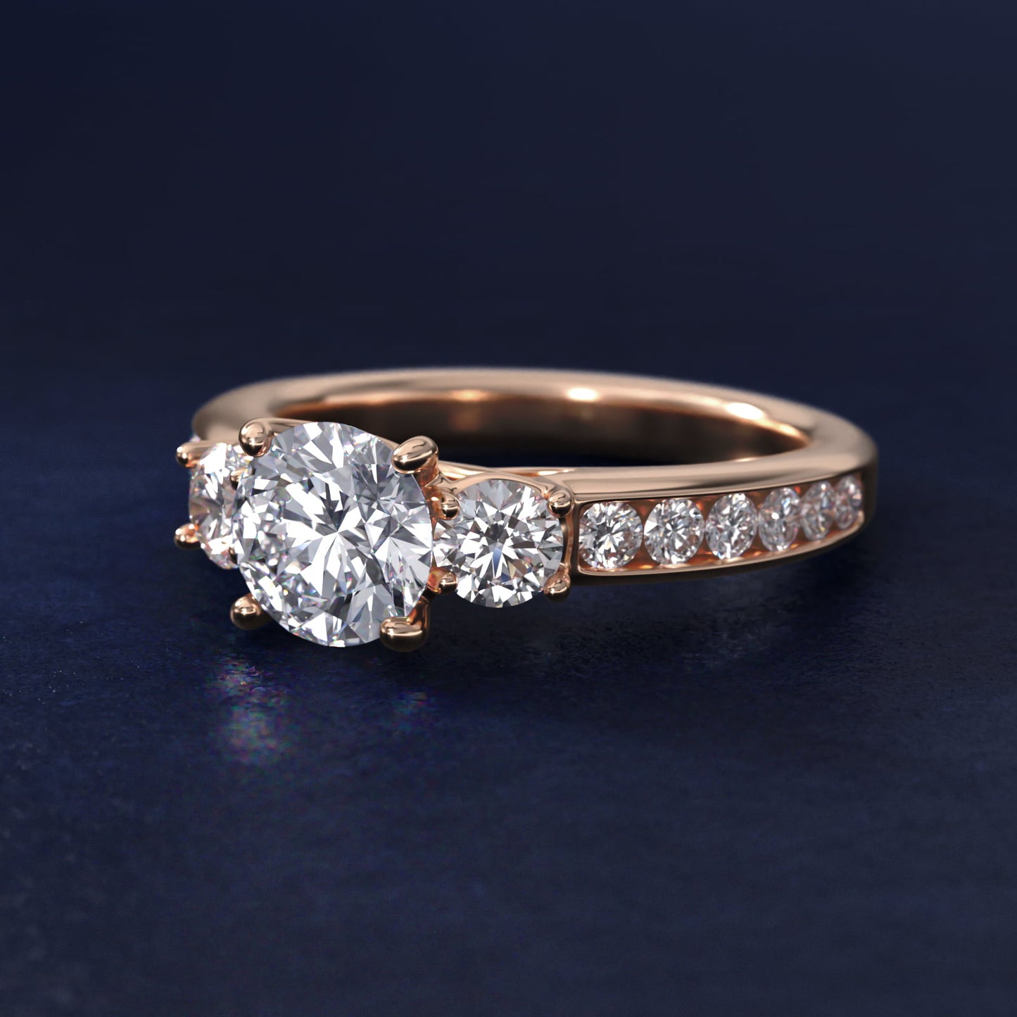 Channel Set Diamond Three Stone Engagement Ring In 14K Rose Gold By James Allen - Round Center