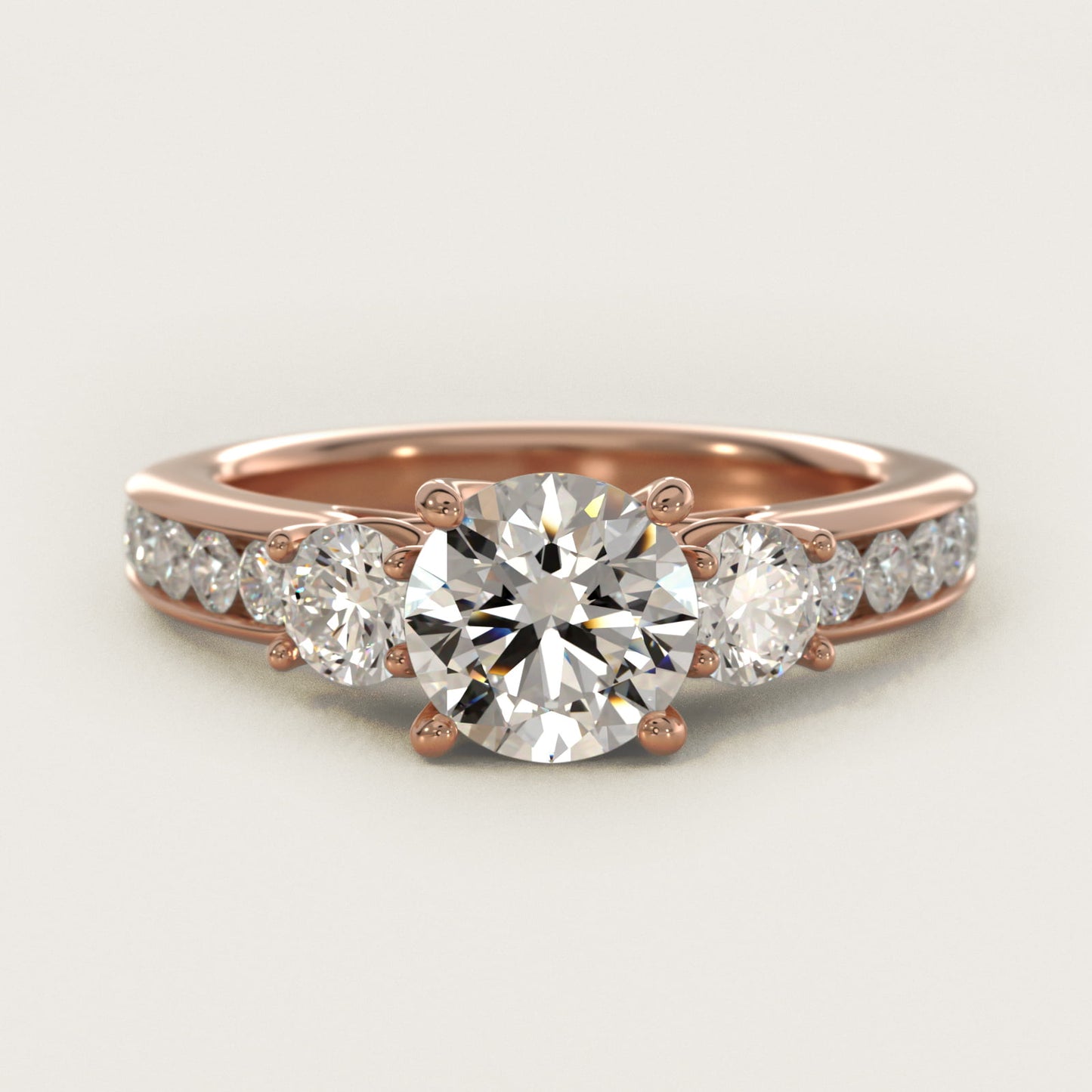Channel Set Diamond Three Stone Engagement Ring In 14K Rose Gold By James Allen - Round Center