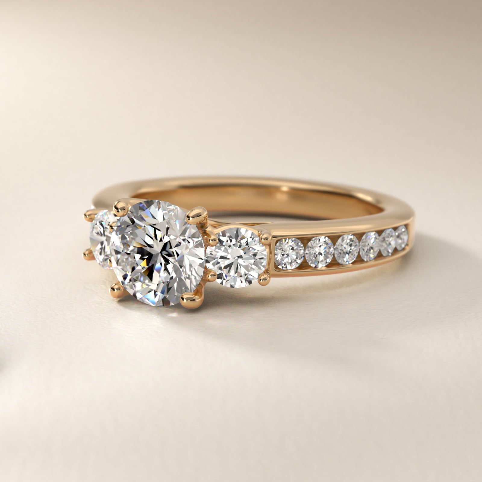 Channel Set Diamond Three Stone Engagement Ring In 18k Yellow Gold By James Allen - Round Center