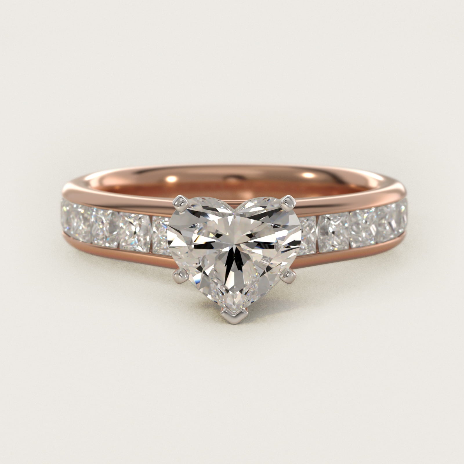 Channel Set Princess Diamond Engagement Ring in 14k Rose Gold (1 ct. tw.) - Heart Center