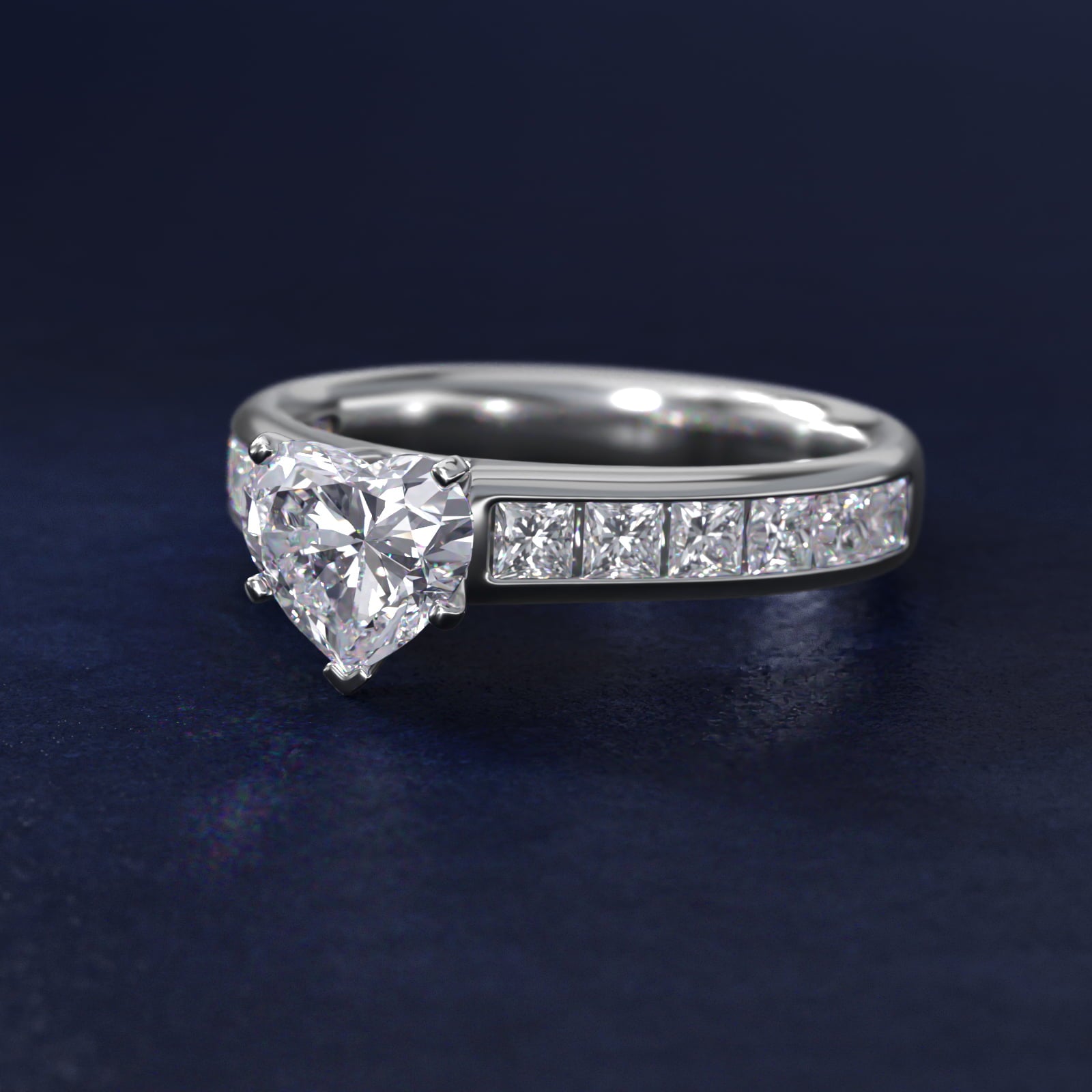Channel Set Princess Diamond Engagement Ring in 18k White Gold (1 ct. tw.) - Heart Center