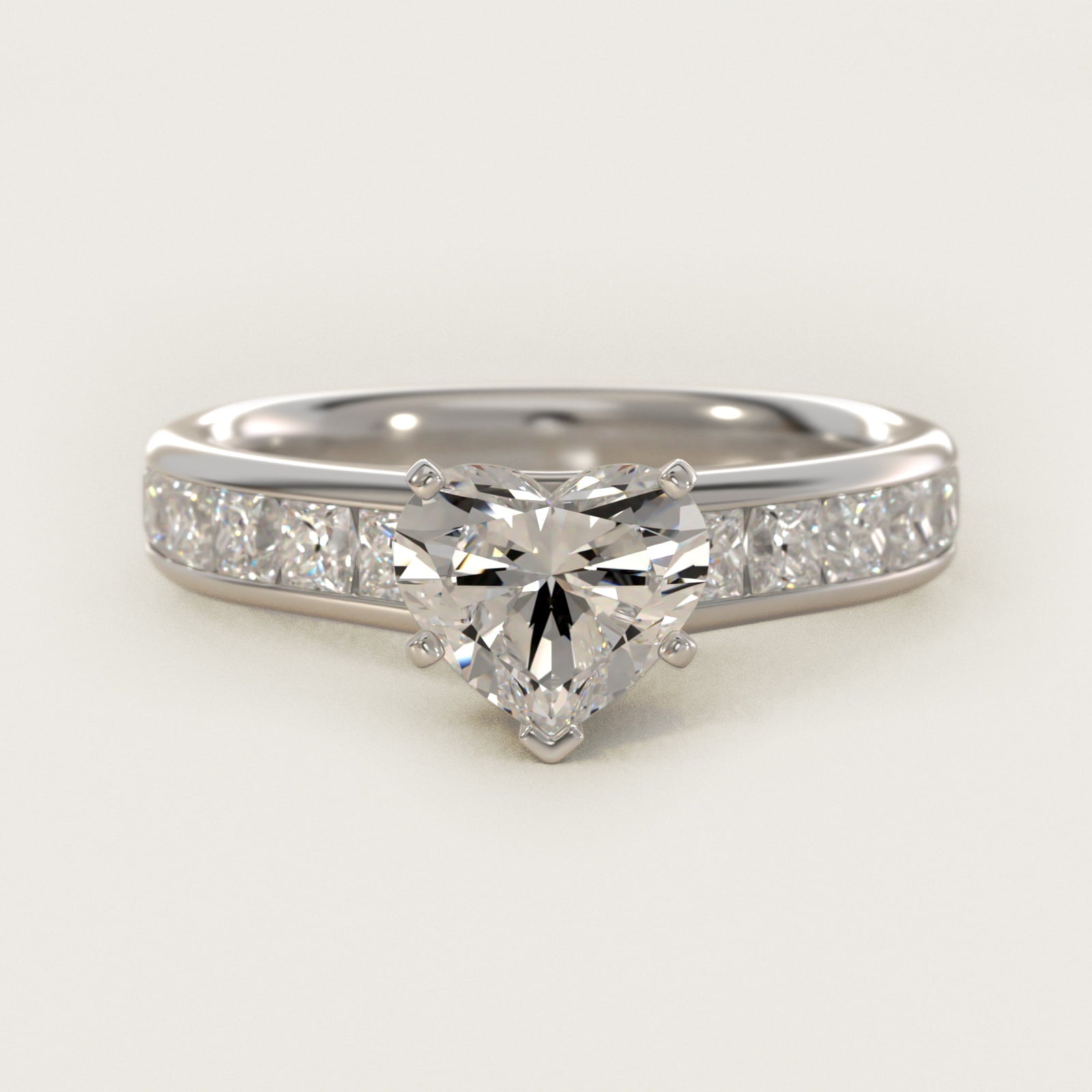Channel Set Princess Diamond Engagement Ring in 14k White Gold (1 ct. tw.) - Heart Center