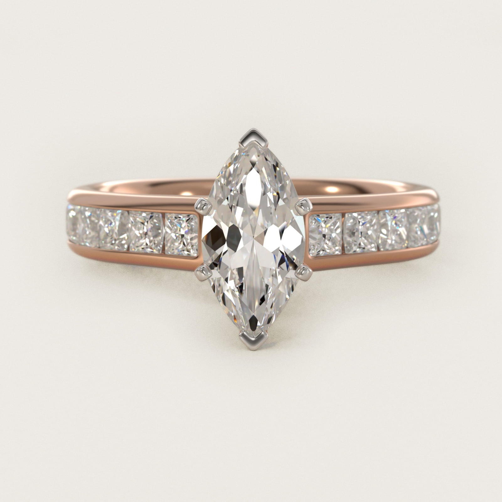 Channel Set Princess Diamond Engagement Ring in 14k Rose Gold (1 ct. tw.) - Marquise Center