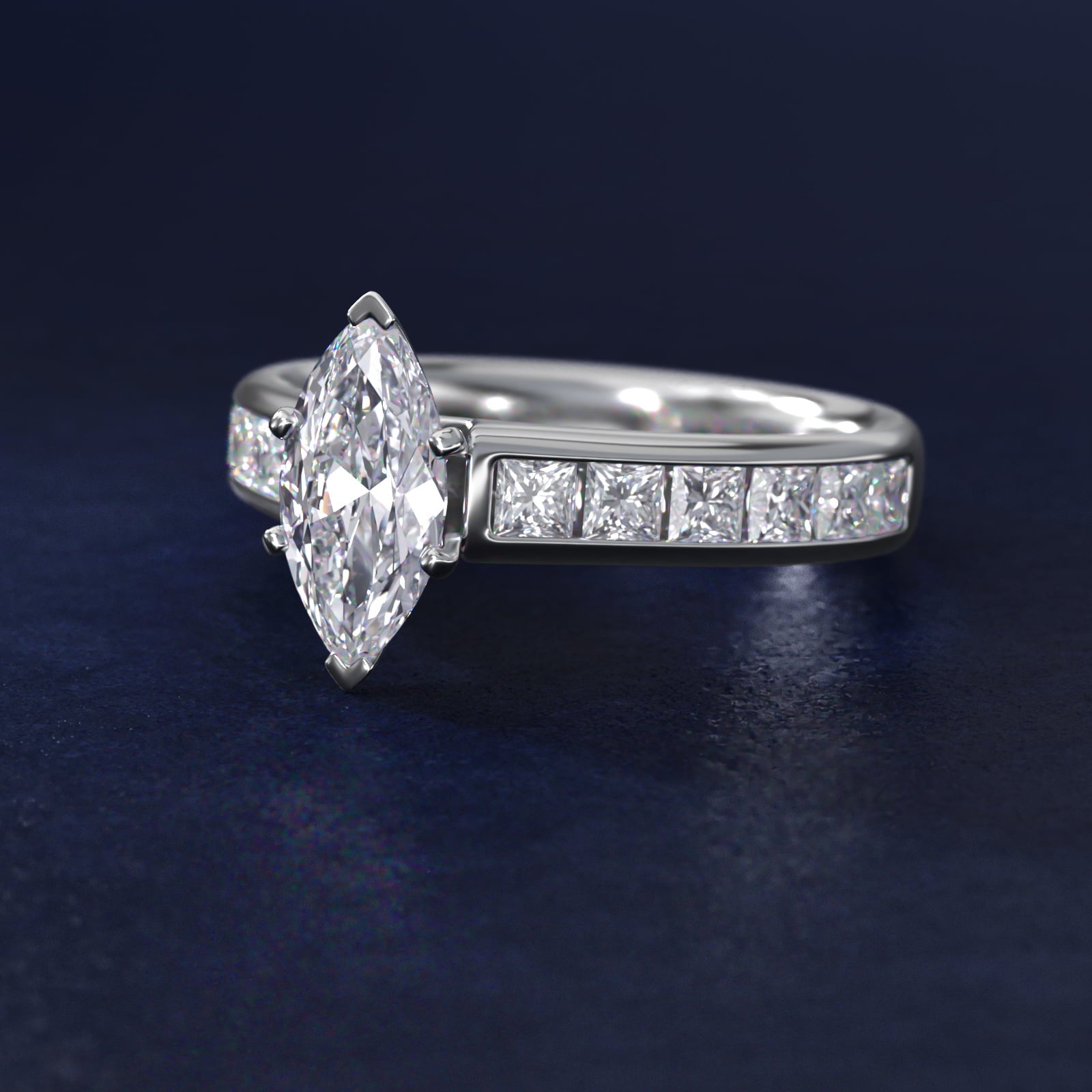 Channel Set Princess Diamond Engagement Ring in 18k White Gold (1 ct. tw.) - Marquise Center