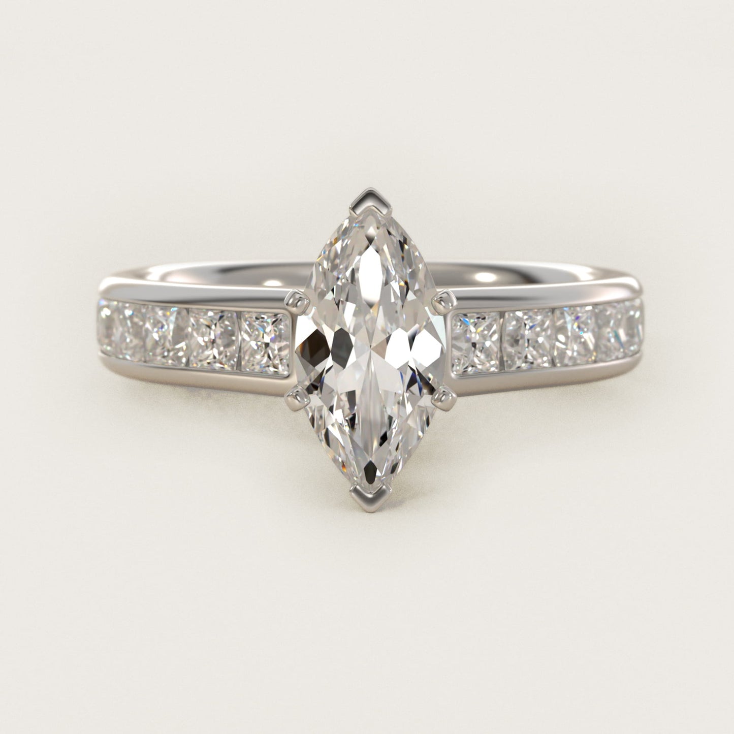 Channel Set Princess Diamond Engagement Ring in 18k White Gold (1 ct. tw.) - Marquise Center