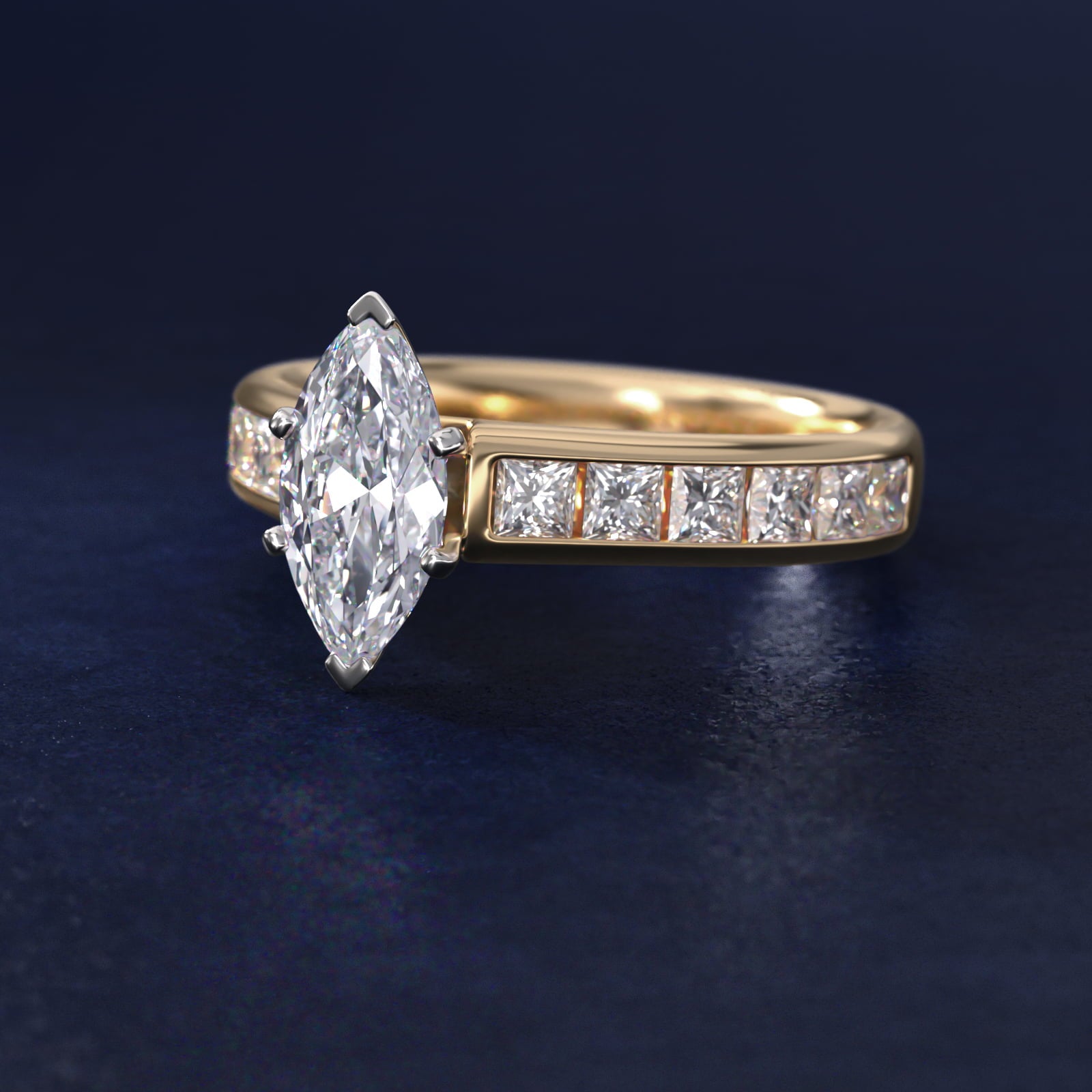 Channel Set Princess Diamond Engagement Ring in 14k Yellow Gold (1 ct. tw.) - Marquise Center