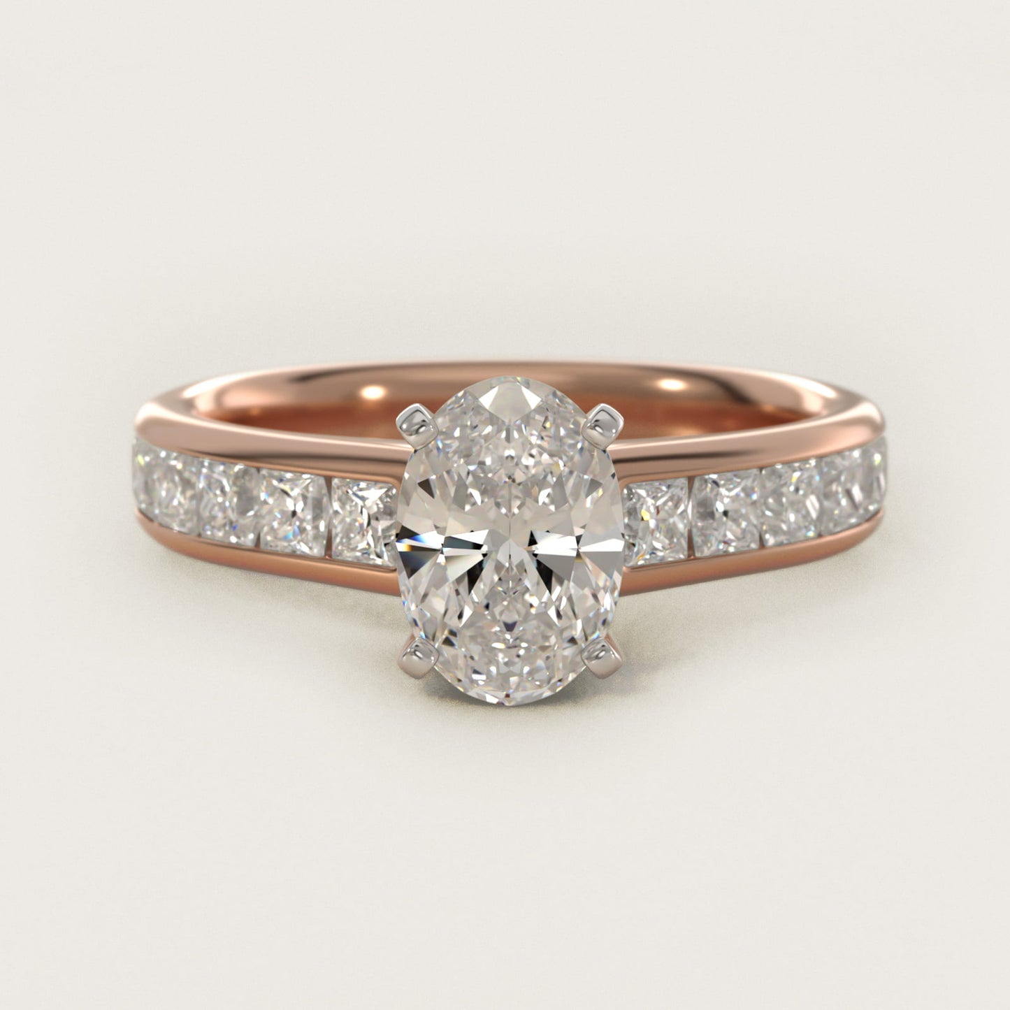 Channel Set Princess Diamond Engagement Ring in 18k Rose Gold (1 ct. tw.) - Oval Center