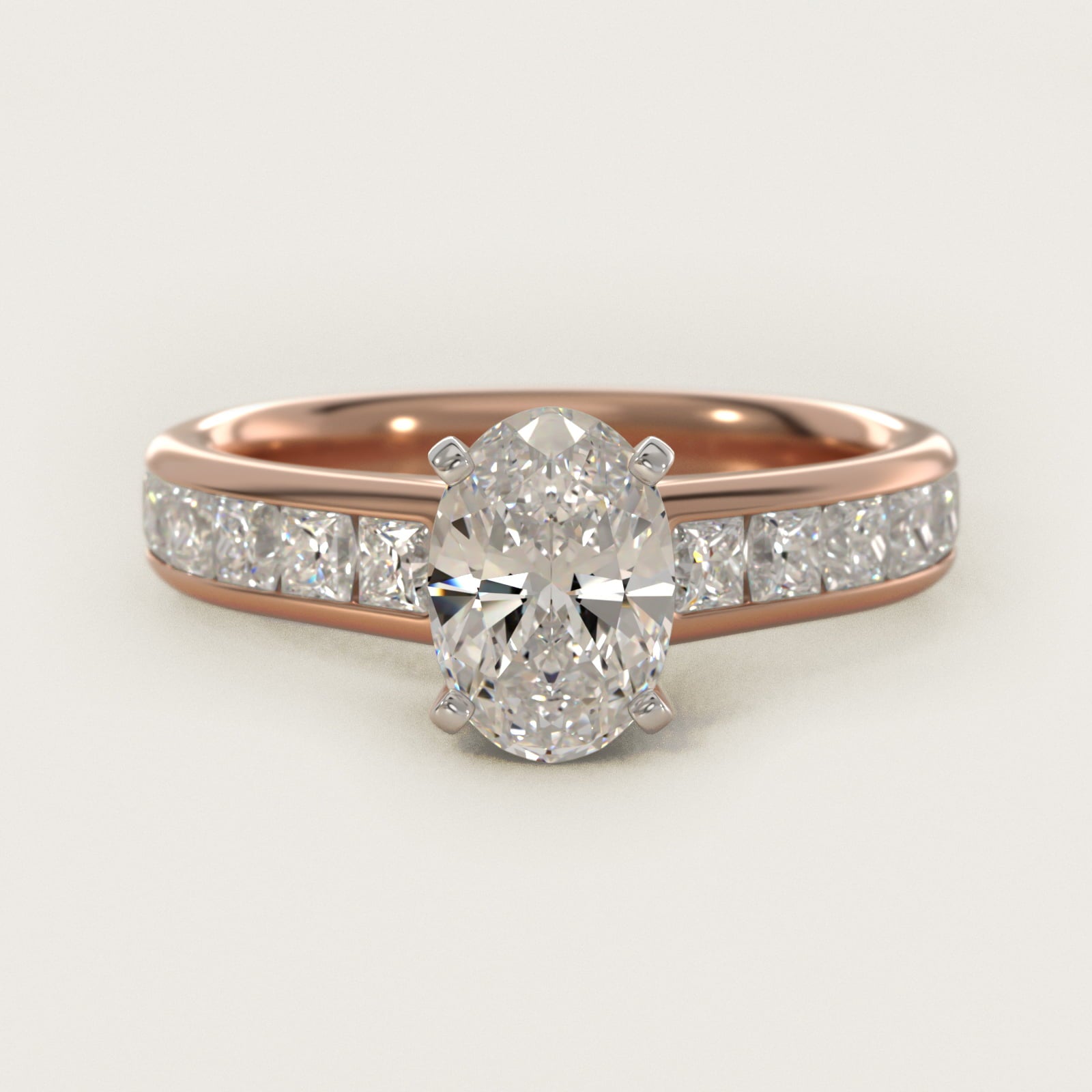 Channel Set Princess Diamond Engagement Ring in 18k Rose Gold (1 ct. tw.) - Oval Center
