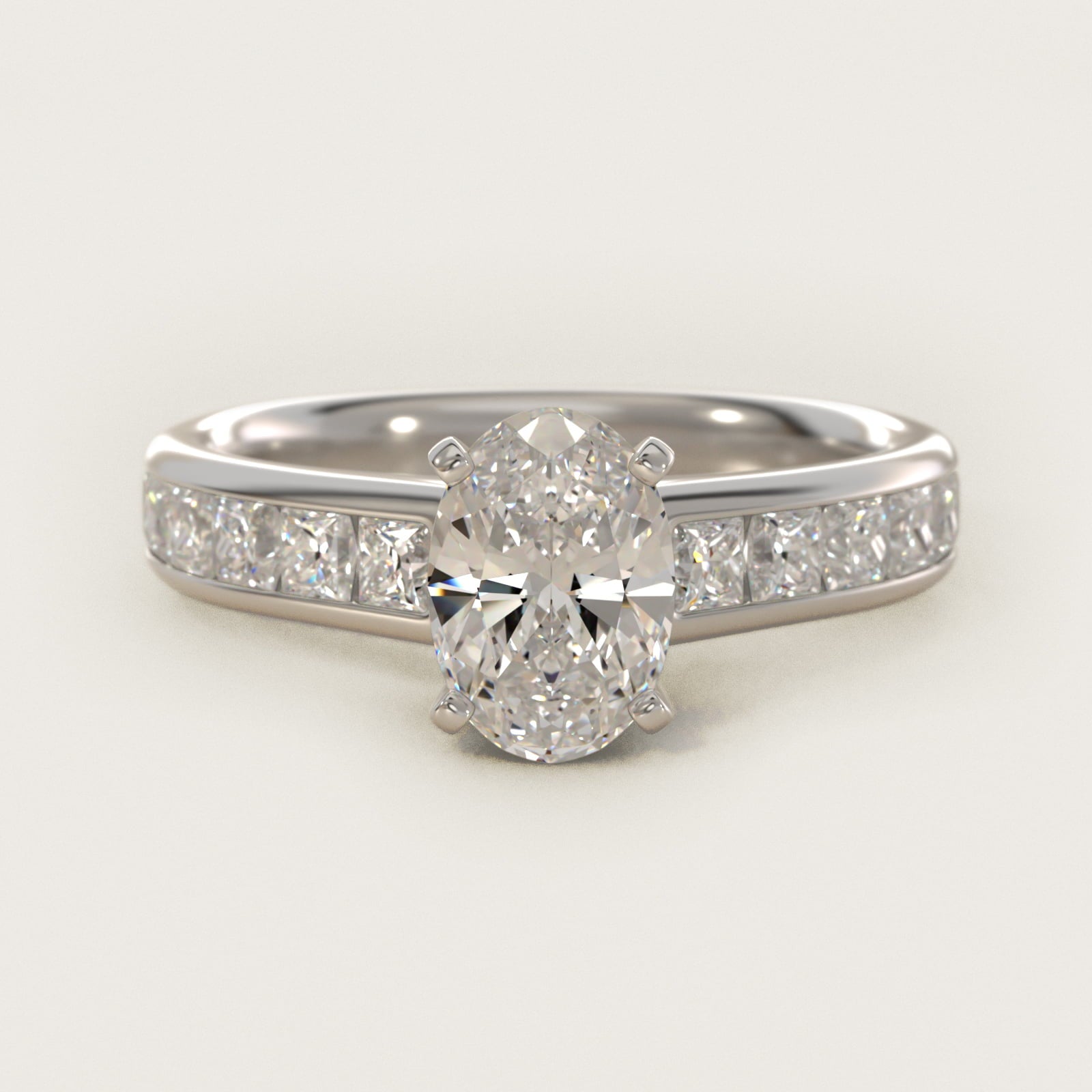Channel Set Princess Diamond Engagement Ring in 18k White Gold (1 ct. tw.) - Oval Center