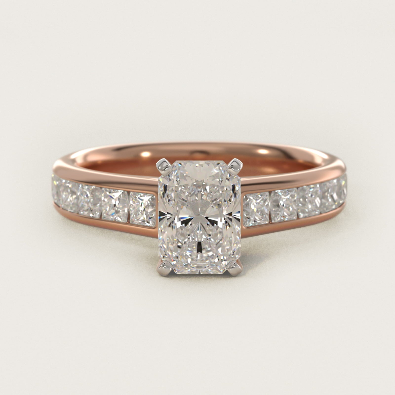 Channel Set Princess Diamond Engagement Ring in 14k Rose Gold (1 ct. tw.) - Radiant Center
