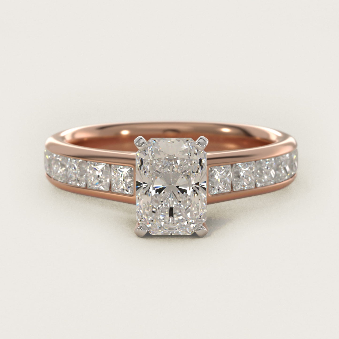 Channel Set Princess Diamond Engagement Ring in 18k Rose Gold (1 ct. tw.) - Radiant Center