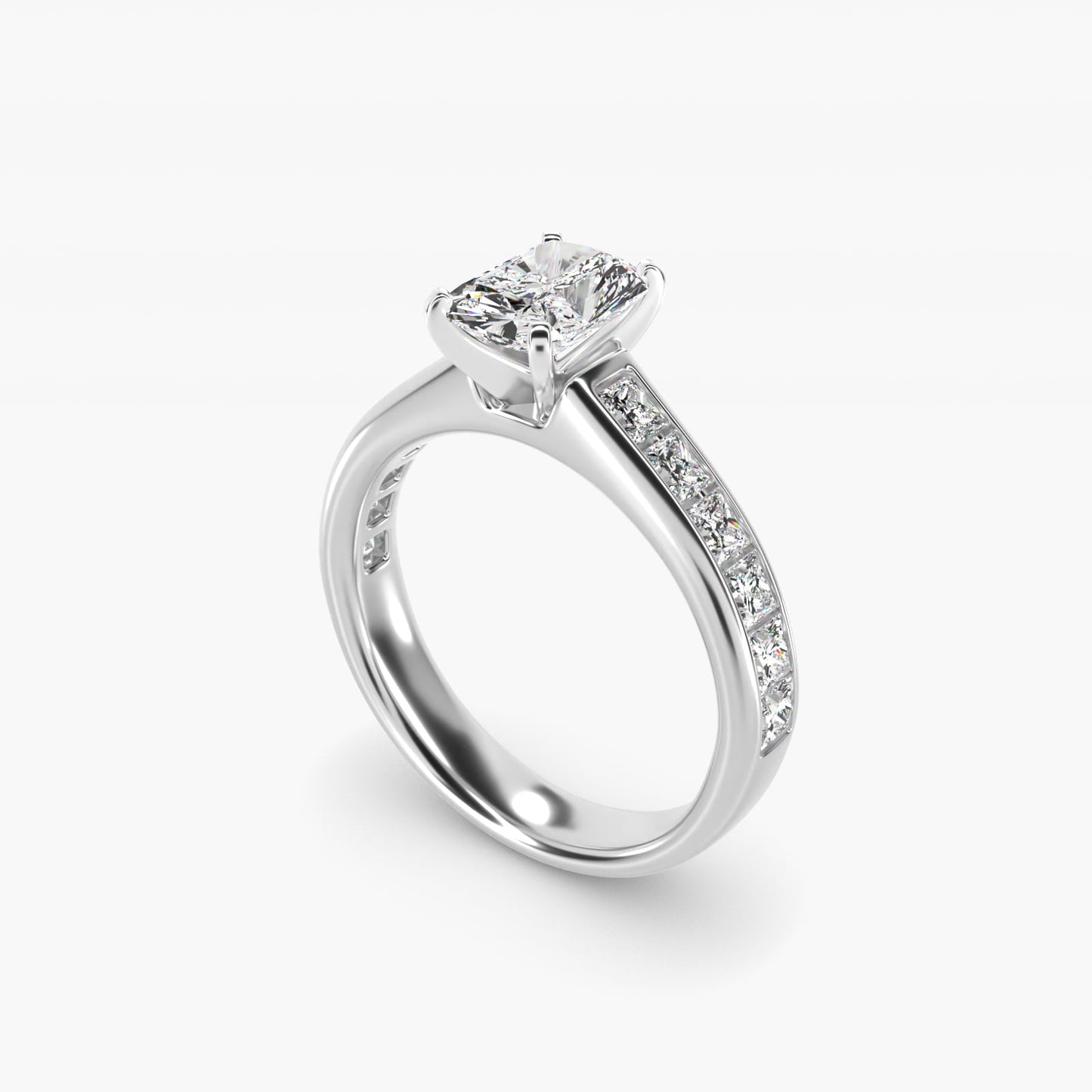 Channel Set Princess Diamond Engagement Ring in 18k White Gold (1 ct. tw.) - Radiant Center