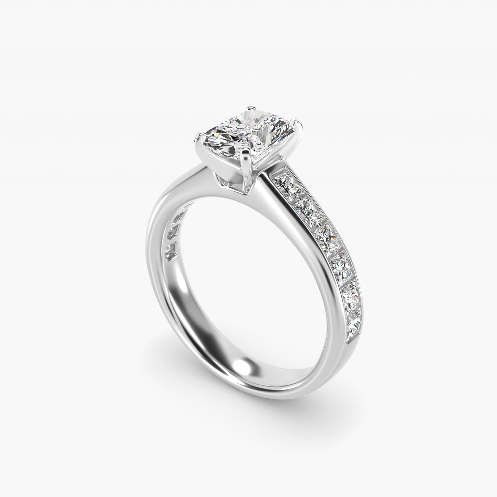 Channel Set Princess Diamond Engagement Ring in 18k White Gold (1 ct. tw.) - Radiant Center