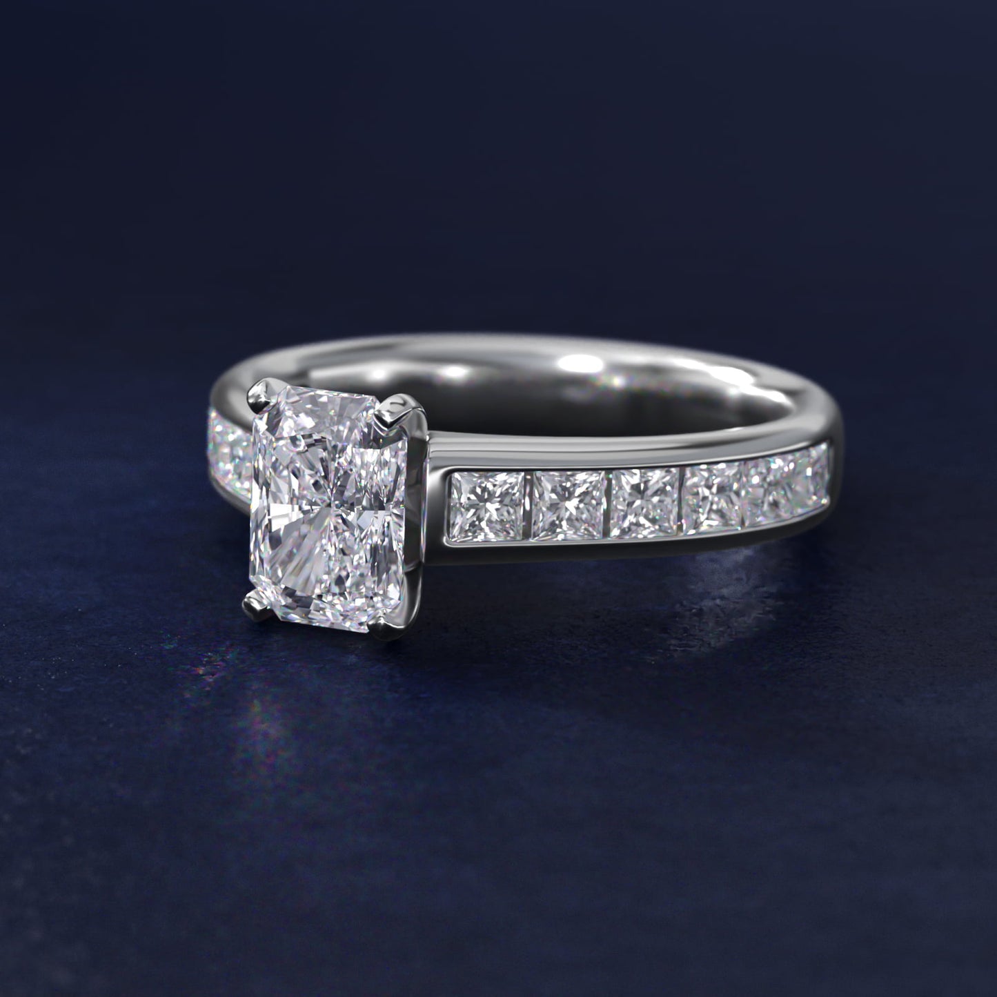 Channel Set Princess Diamond Engagement Ring in 18k White Gold (1 ct. tw.) - Radiant Center