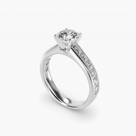 Channel Set Princess Diamond Engagement Ring in 14k White Gold (1 ct. tw.) - Round Center