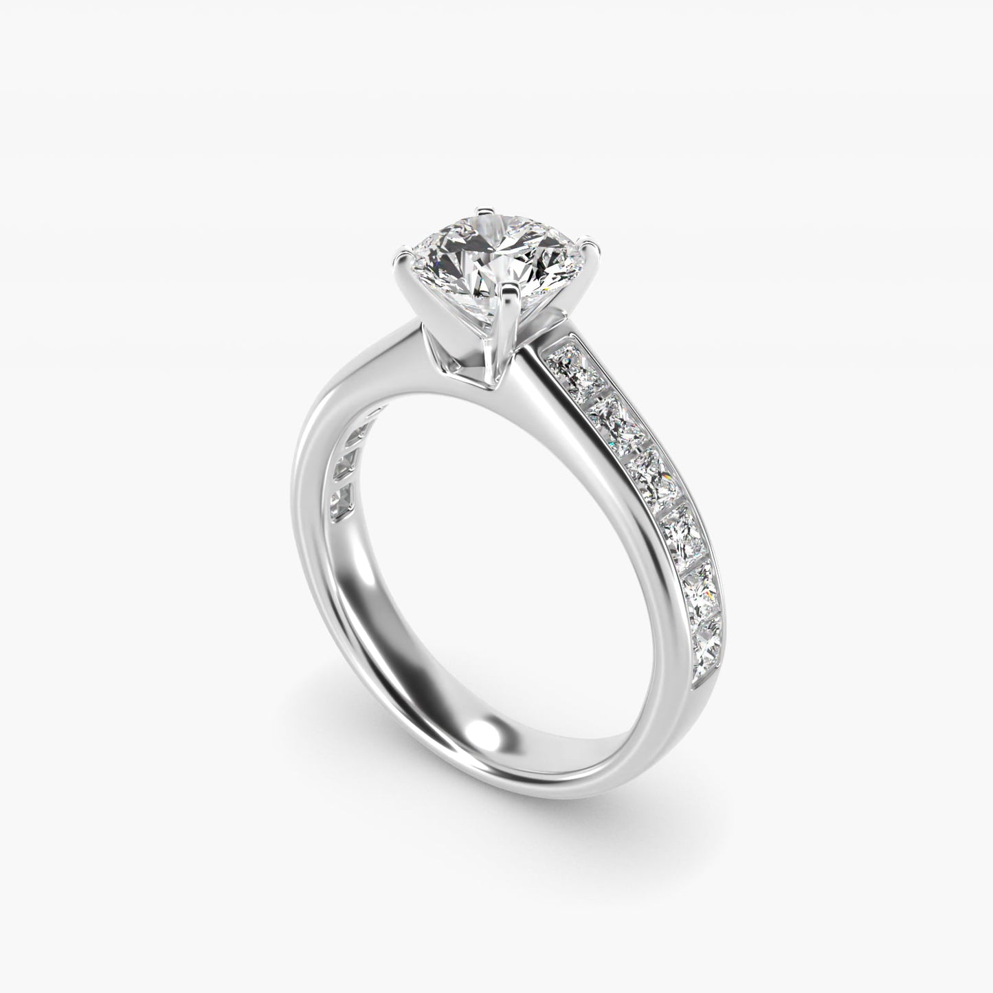 Channel Set Princess Diamond Engagement Ring in 18k White Gold (1 ct. tw.) - Round Center