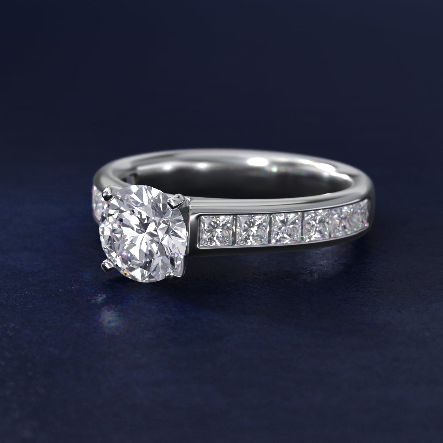 Channel Set Princess Diamond Engagement Ring in 18k White Gold (1 ct. tw.) - Round Center