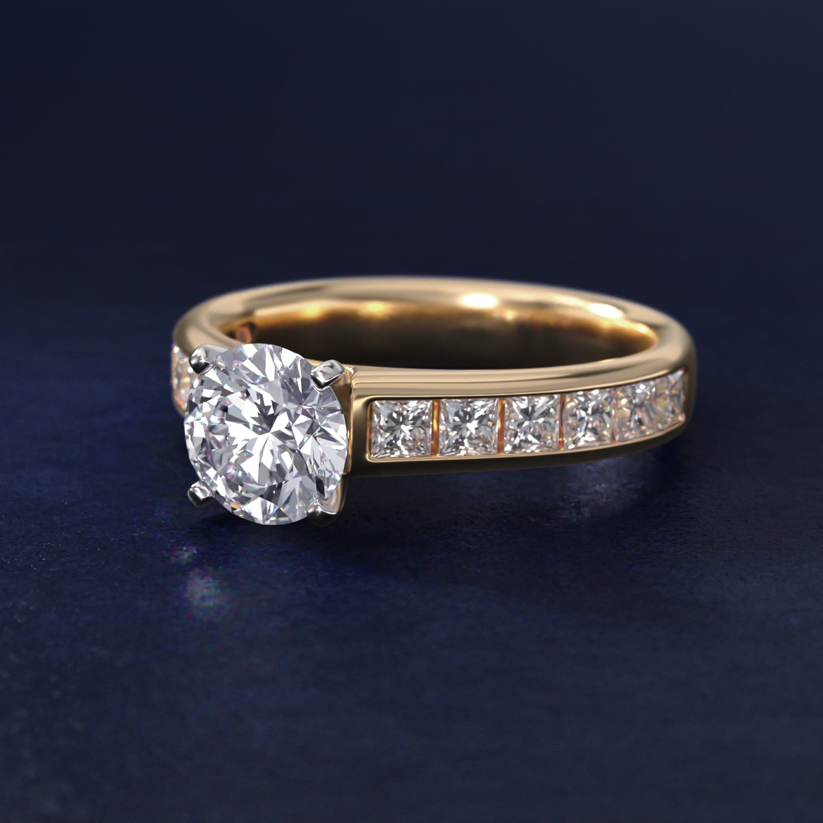 Channel Set Princess Diamond Engagement Ring in 14k Yellow Gold (1 ct. tw.) - Round Center