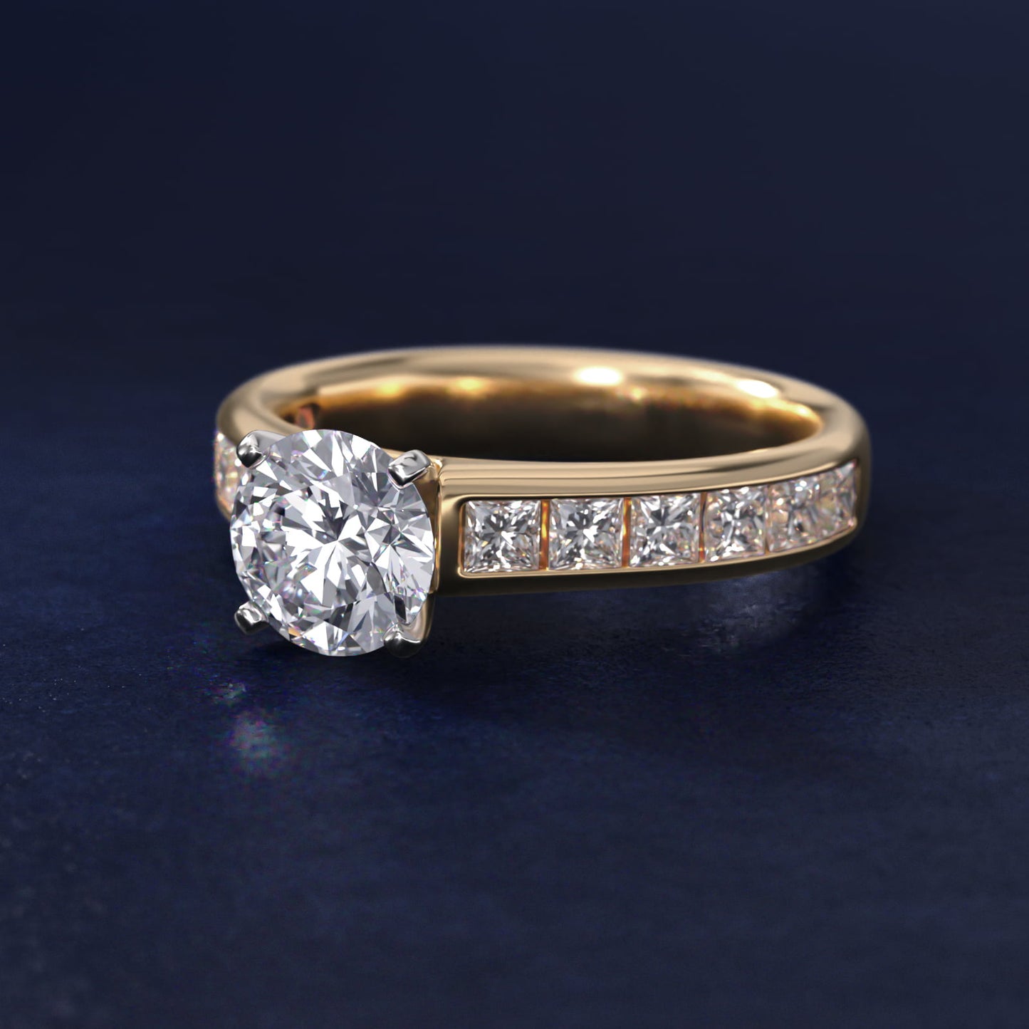 Channel Set Princess Diamond Engagement Ring in 18k Yellow Gold (1 ct. tw.) - Round Center