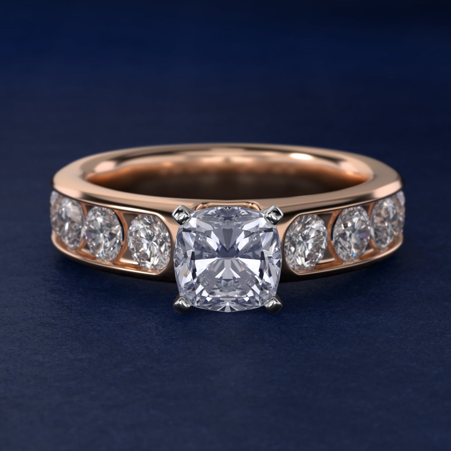 Channel Set Round Diamond Engagement Ring in 18k Rose Gold (1 1/2 ct. tw.) - Cushion Center