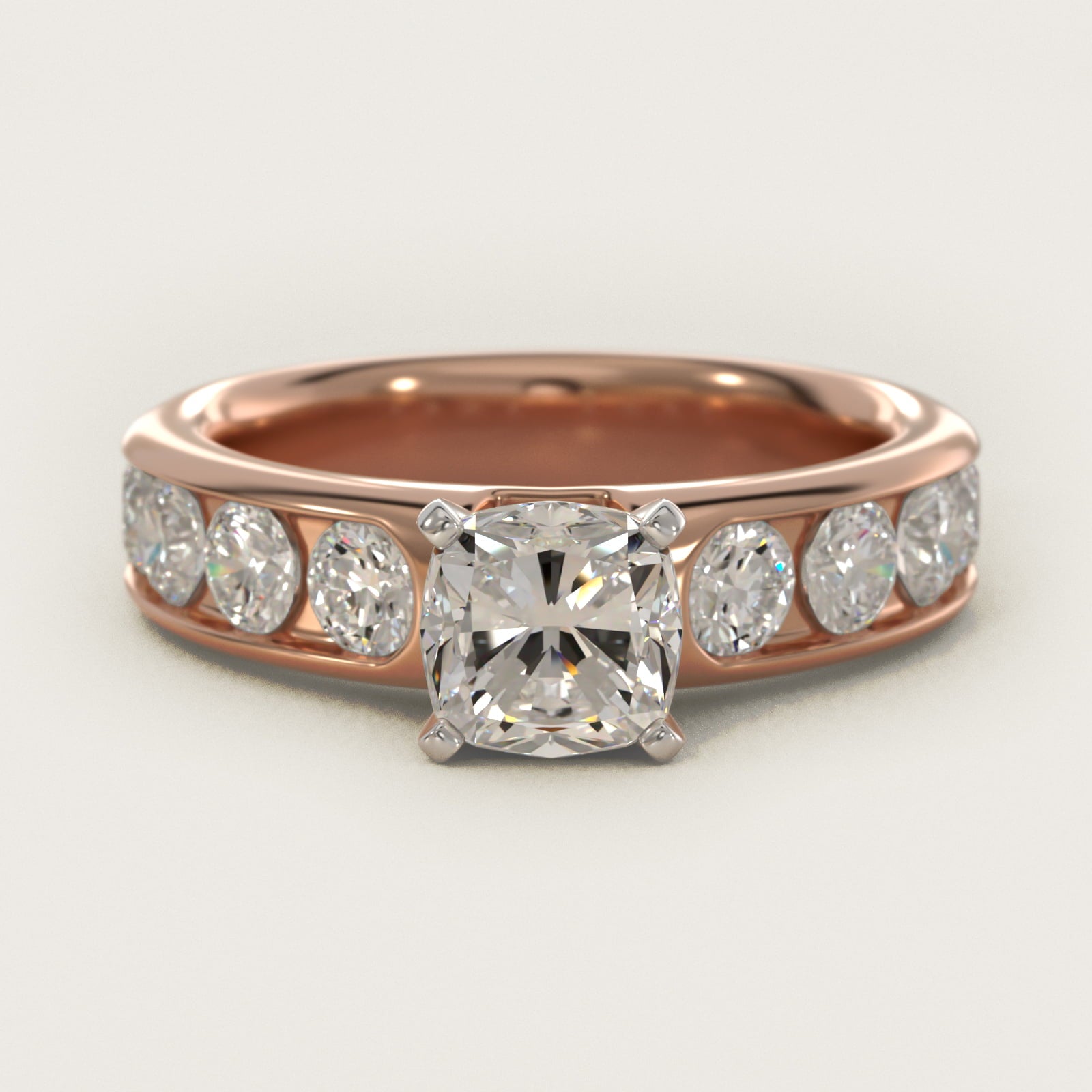 Channel Set Round Diamond Engagement Ring in 18k Rose Gold (1 1/2 ct. tw.) - Cushion Center