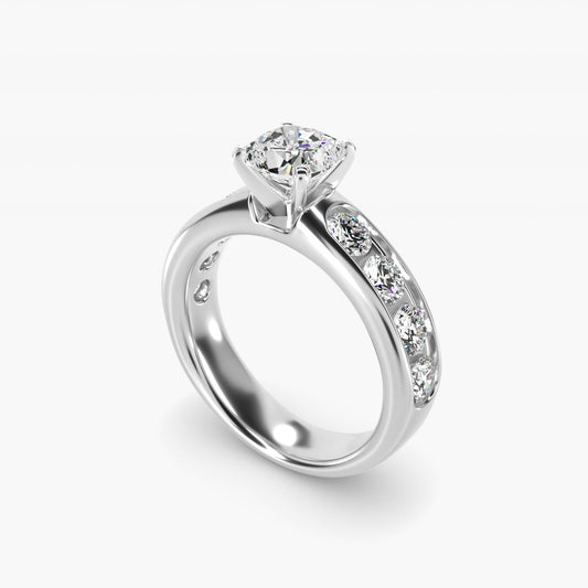 Channel Set Round Diamond Engagement Ring in 14k White Gold (1 1/2 ct. tw.) - Cushion Center