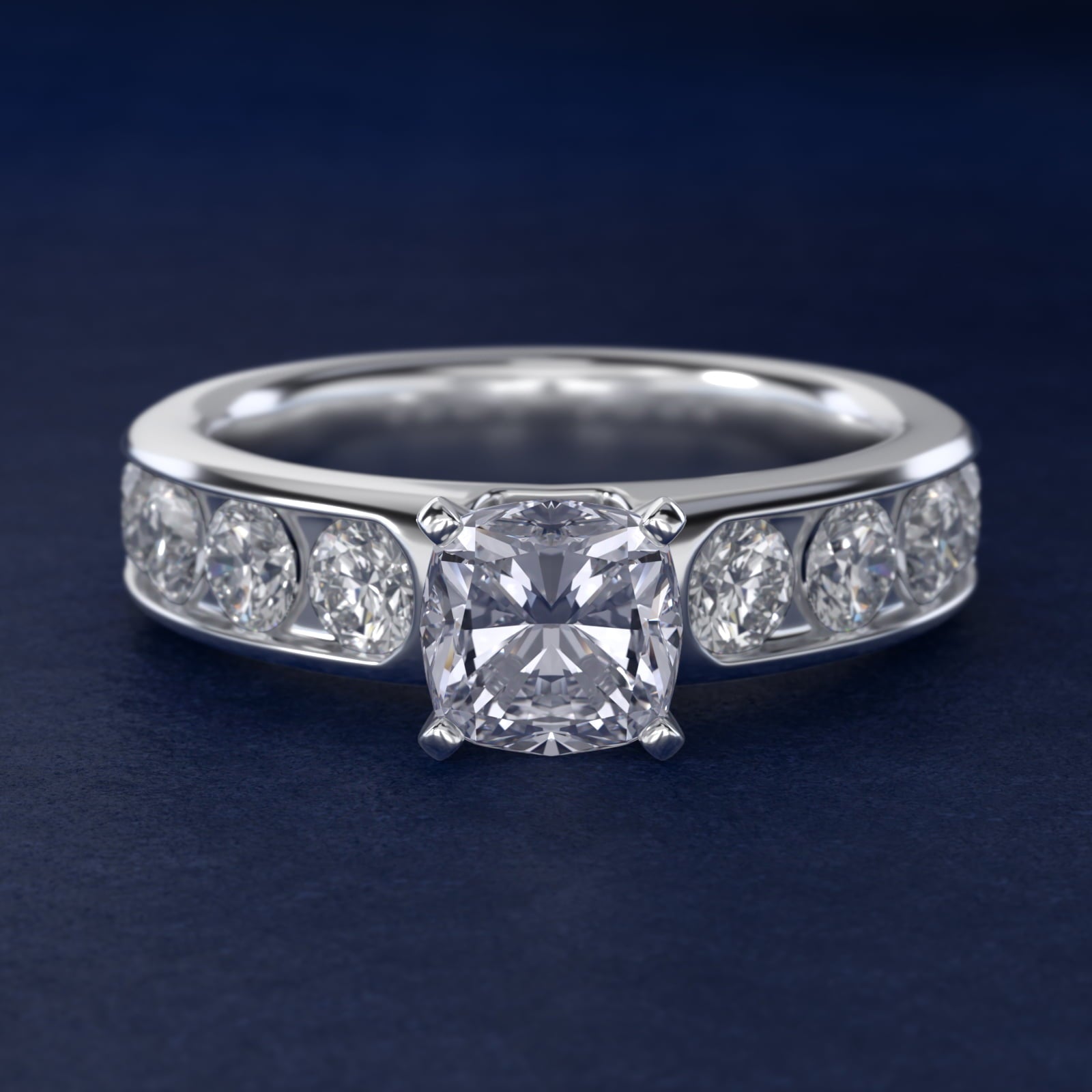 Channel Set Round Diamond Engagement Ring in 18k White Gold (1 1/2 ct. tw.) - Cushion Center