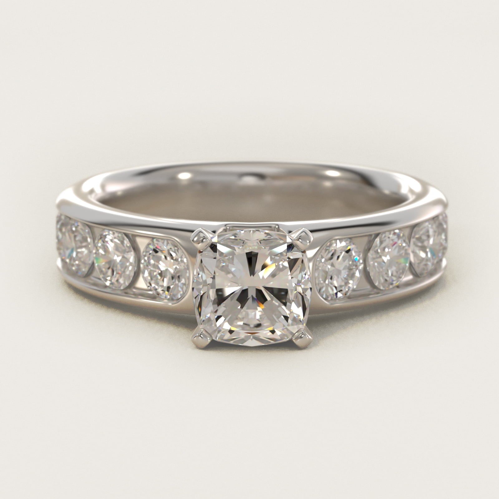 Channel Set Round Diamond Engagement Ring in 14k White Gold (1 1/2 ct. tw.) - Cushion Center