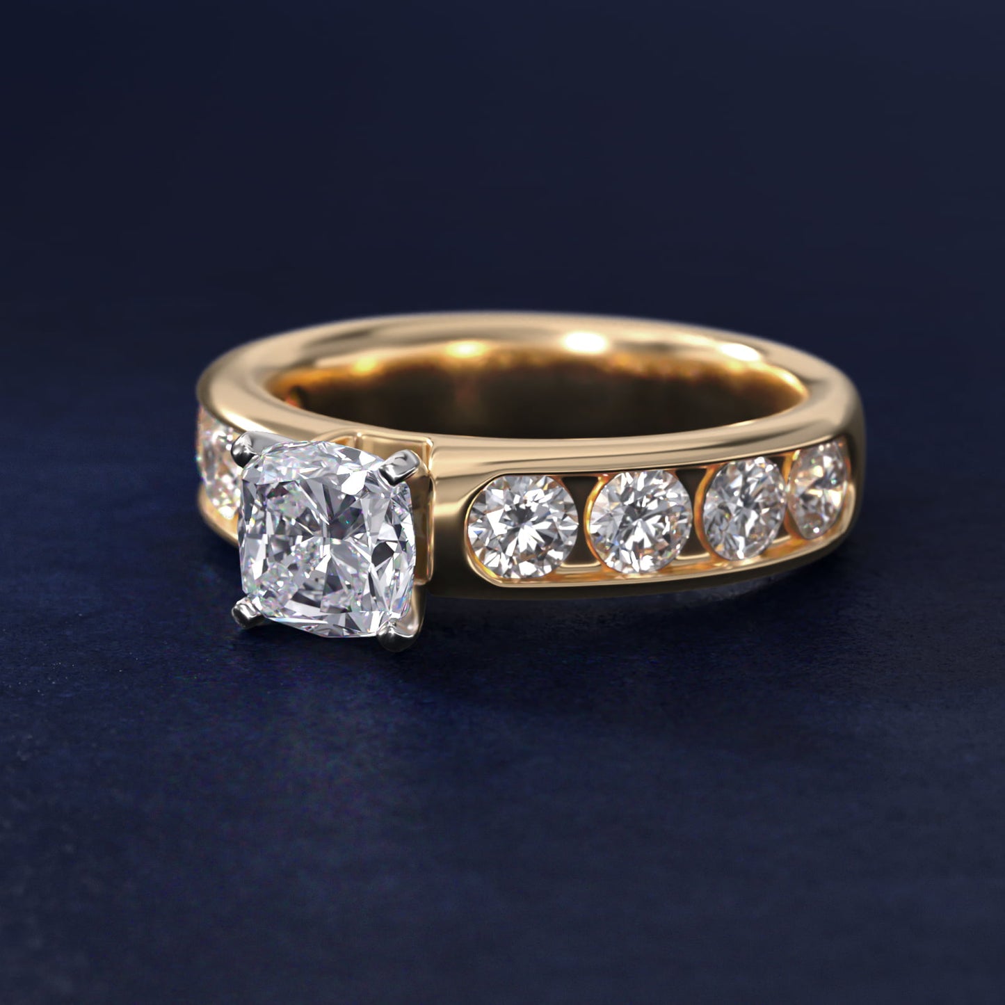 Channel Set Round Diamond Engagement Ring in 14k Yellow Gold (1 1/2 ct. tw.) - Cushion Center