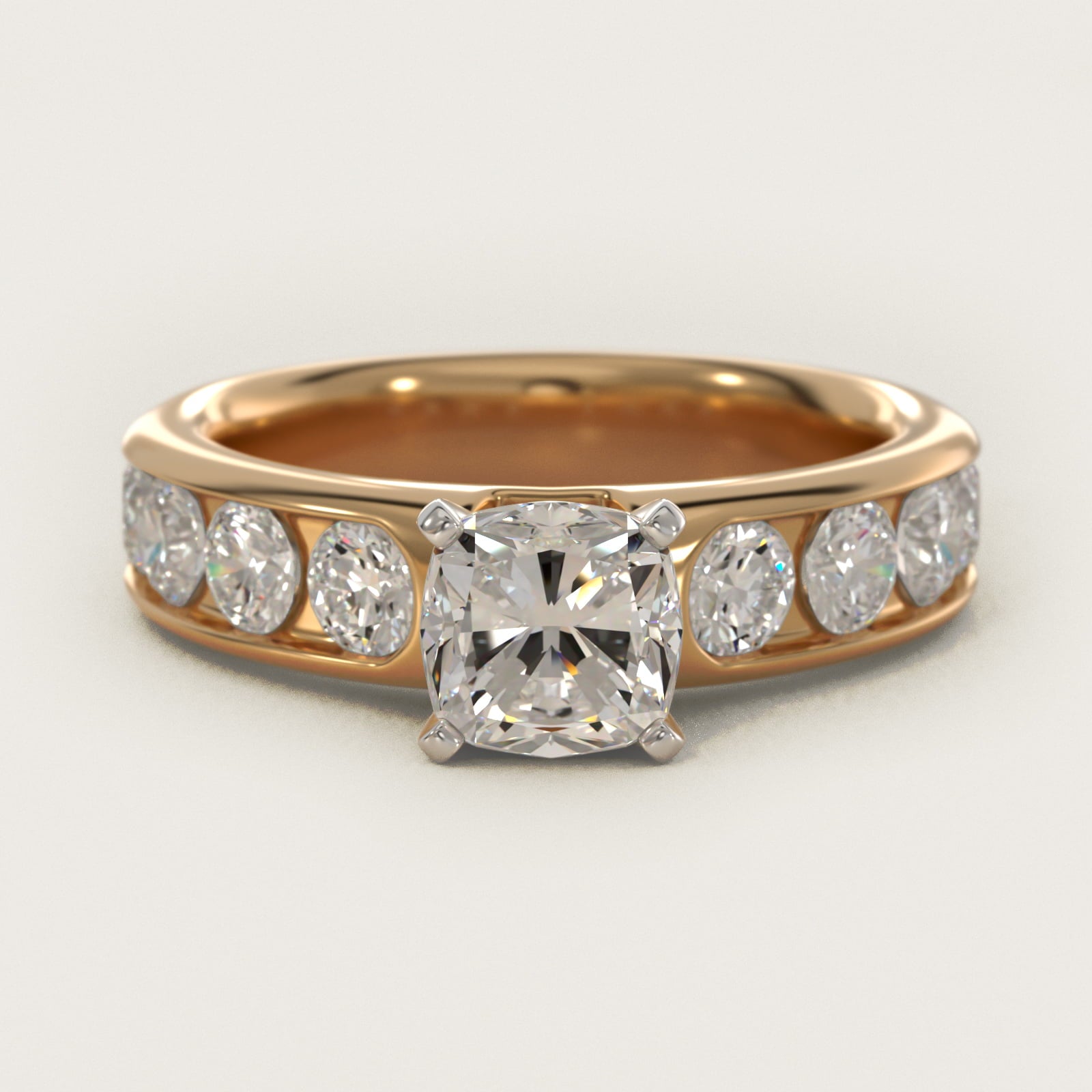 Channel Set Round Diamond Engagement Ring in 14k Yellow Gold (1 1/2 ct. tw.) - Cushion Center
