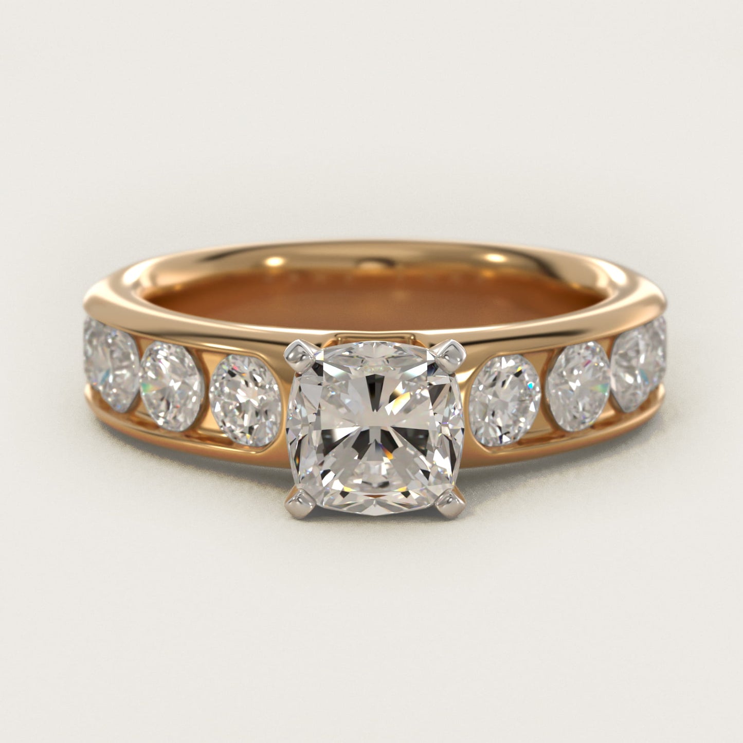 Channel Set Round Diamond Engagement Ring in 18k Yellow Gold (1 1/2 ct. tw.) - Cushion Center
