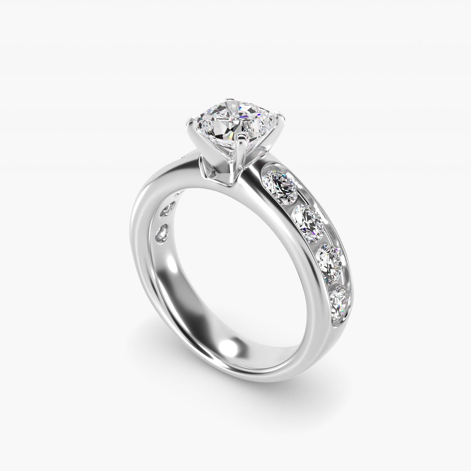 Channel Set Round Diamond Engagement Ring in Platinum (1 1/2 ct. tw.) - Cushion Center