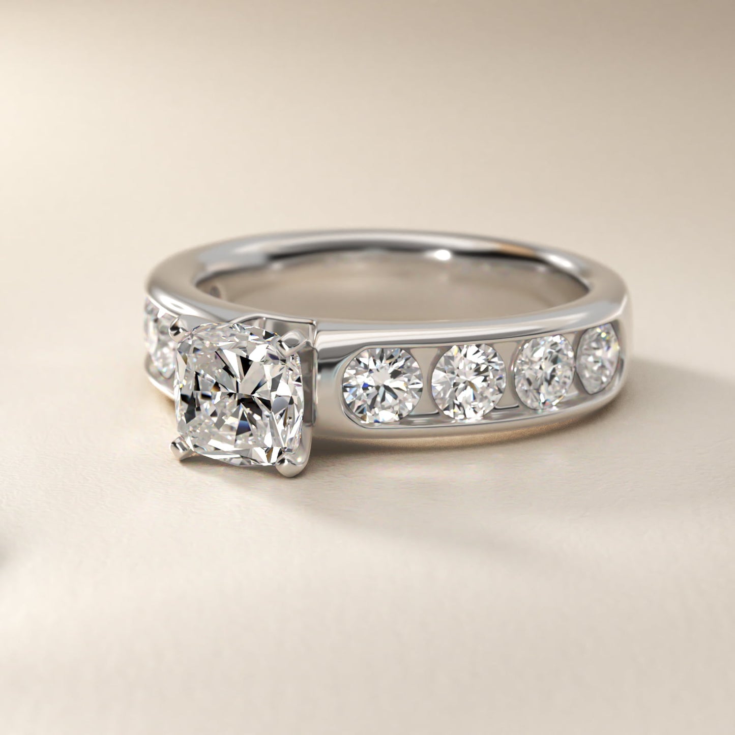 Channel Set Round Diamond Engagement Ring in Platinum (1 1/2 ct. tw.) - Cushion Center
