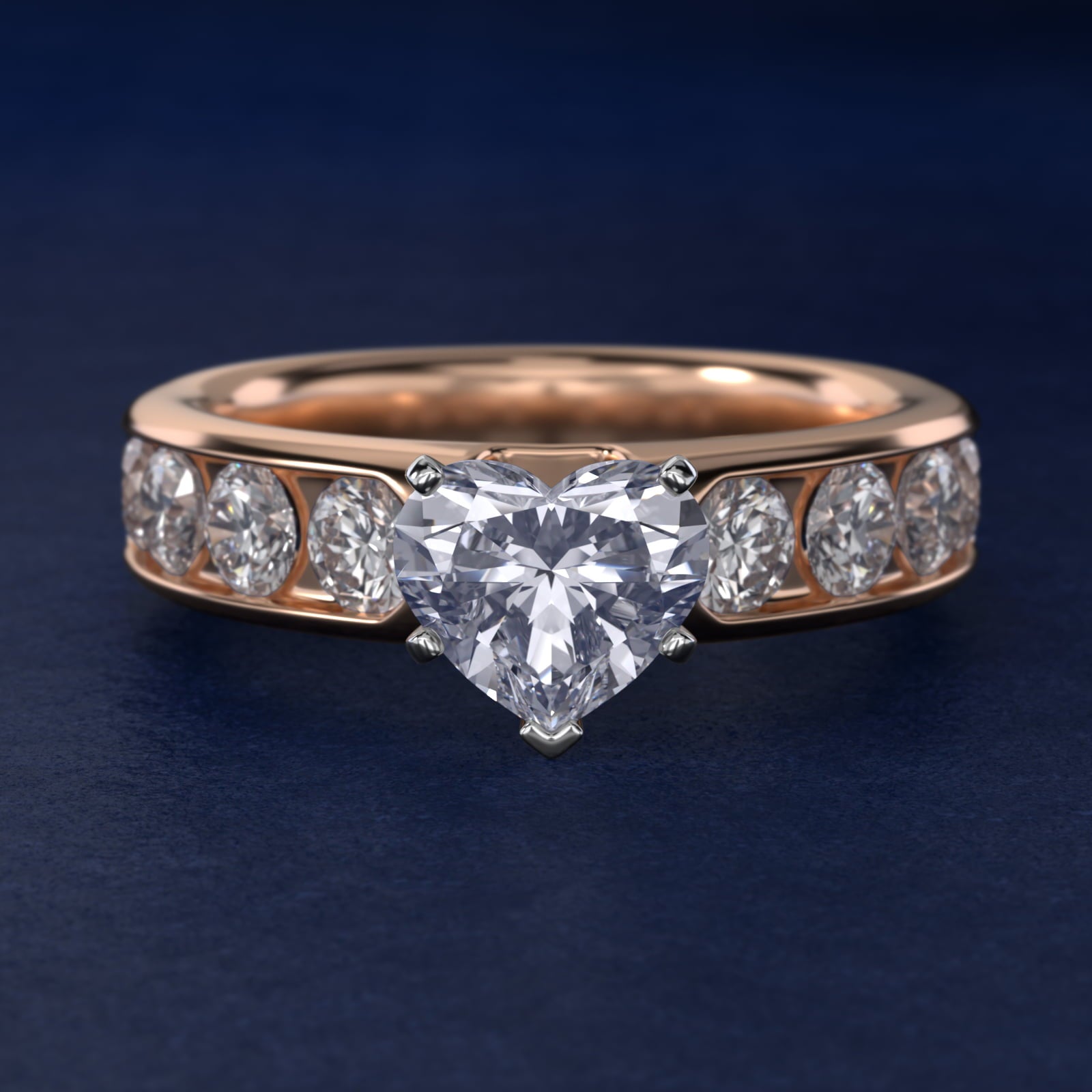 Channel Set Round Diamond Engagement Ring in 14k Rose Gold (1 1/2 ct. tw.) - Heart Center